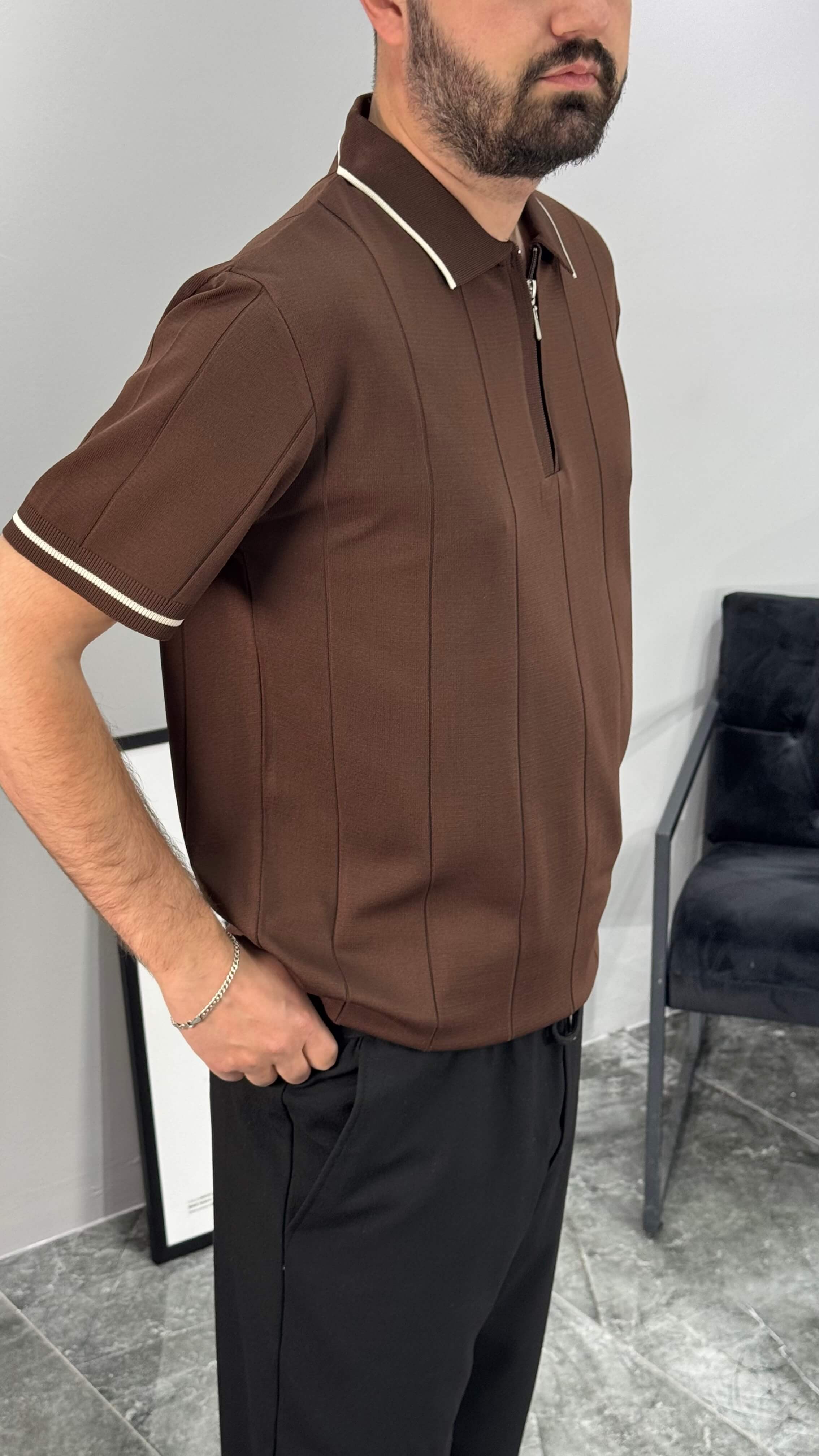 Şeritli Premium Erkek Tişört - Kahve
