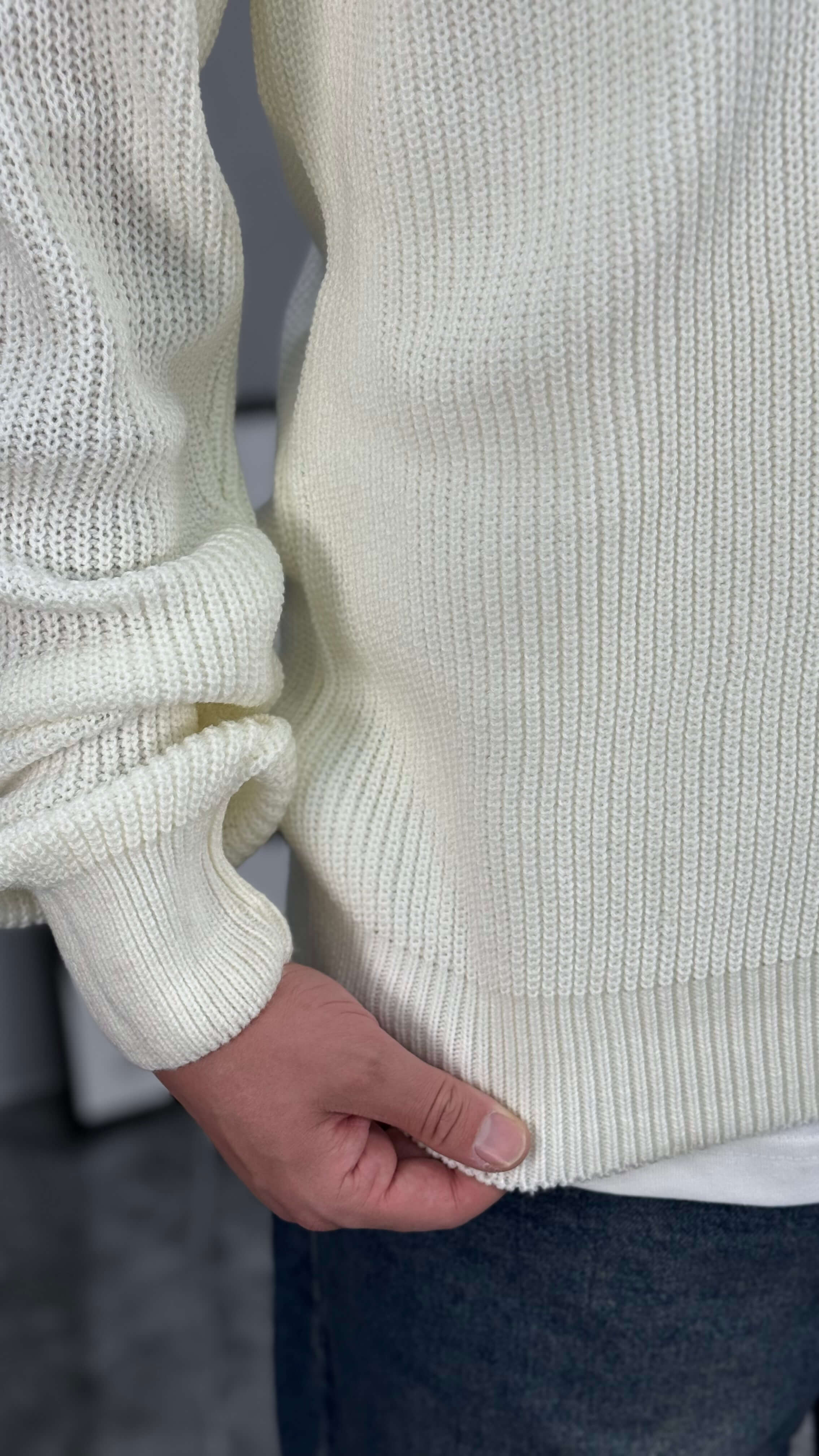 Fermuarlı Örme Oversize Kazak - Beyaz