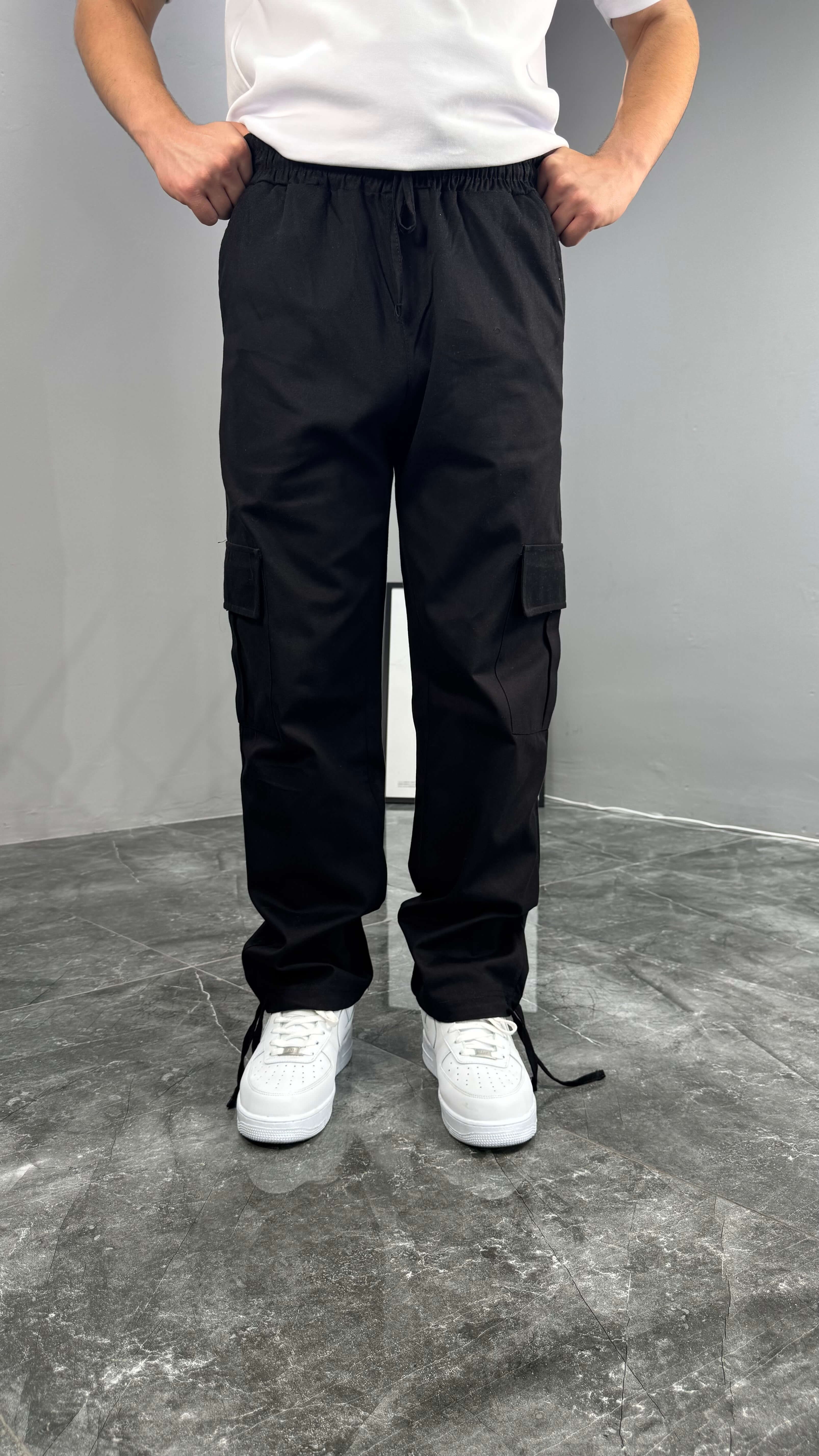 Yazlık Gabardin Kumaş Baggy Kargo Erkek Pantolon - Siyah