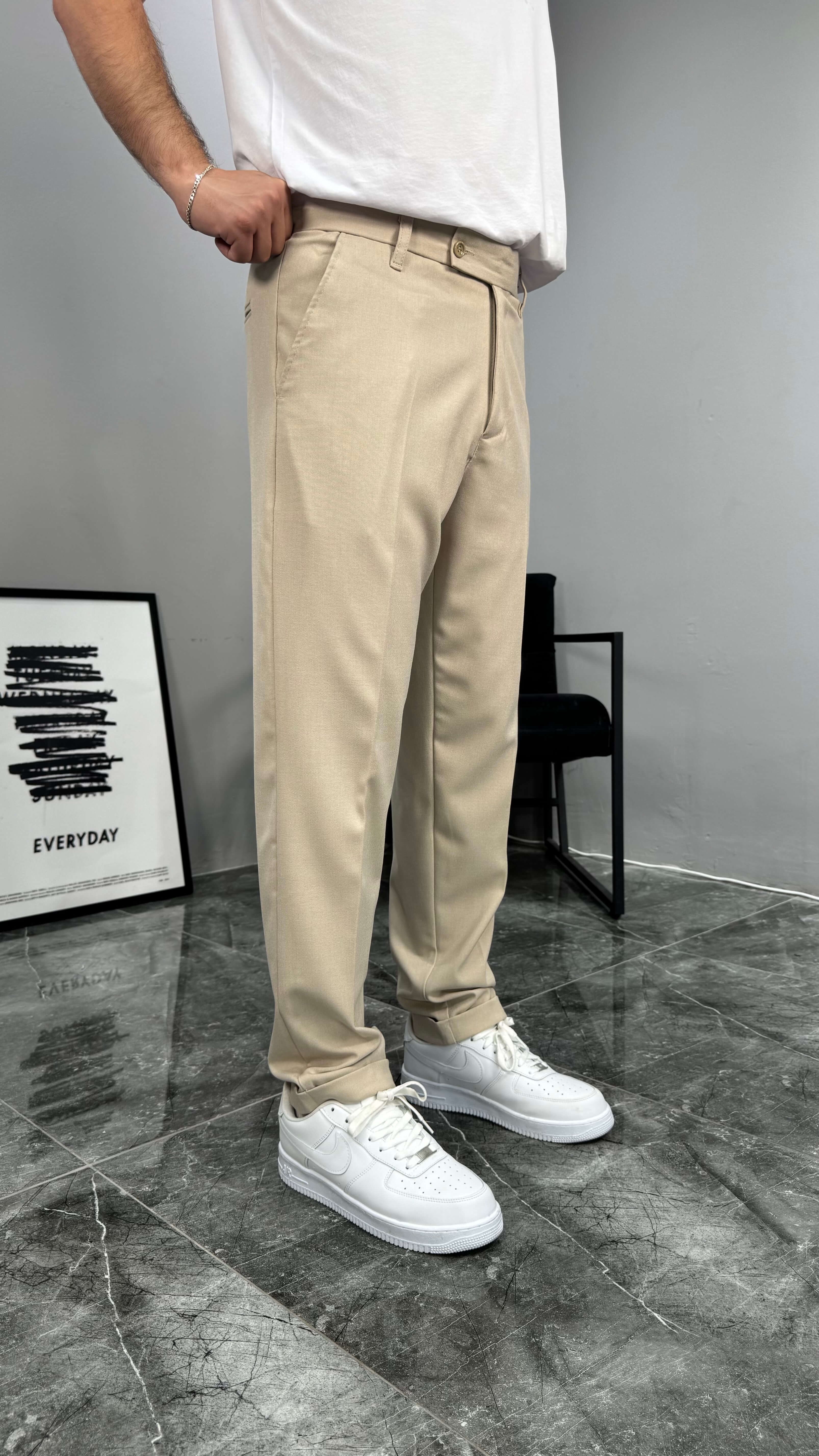 Regular Kalıp Duble Paça Erkek Pantolon - Krem