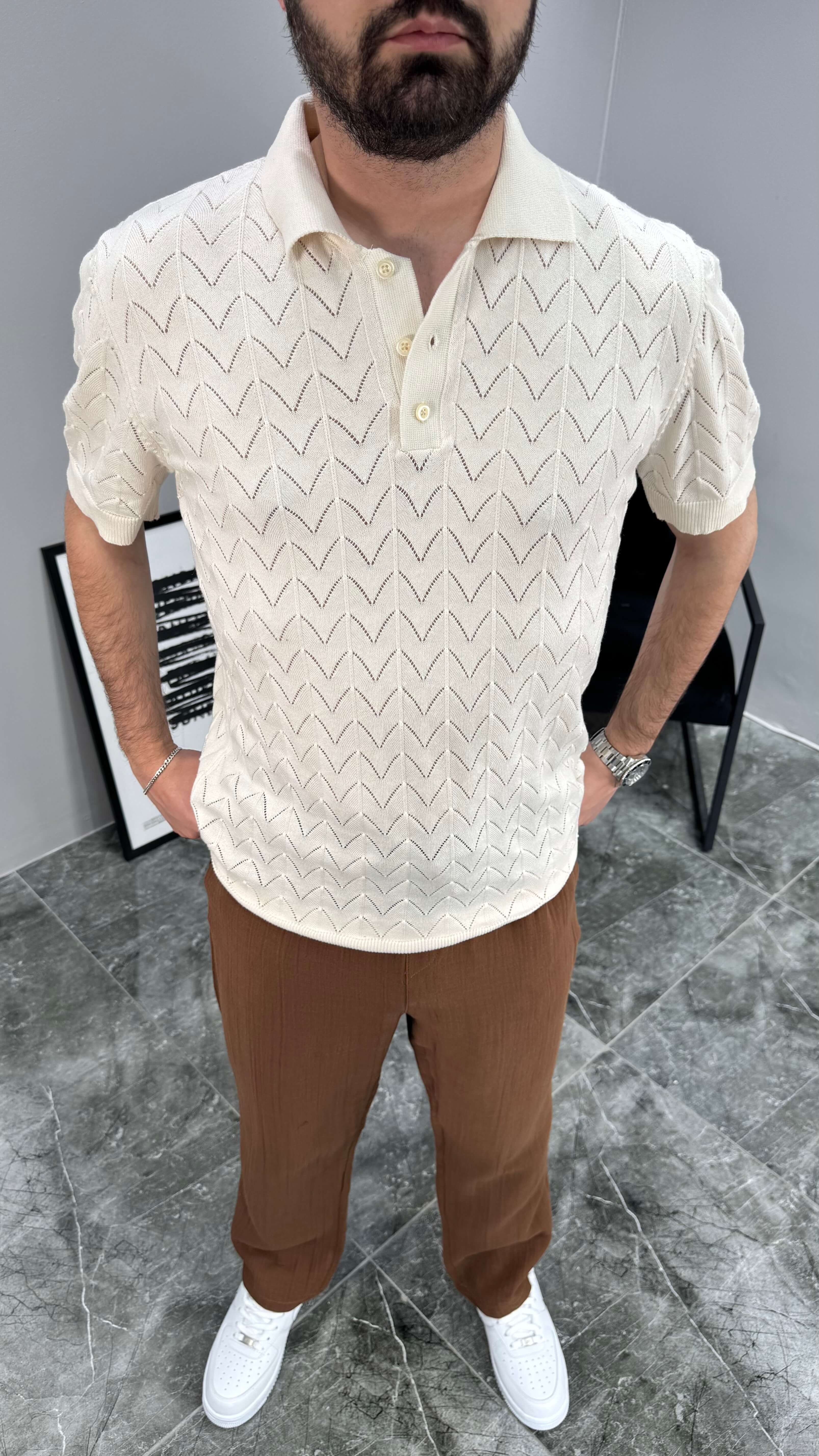 Balıksırtı Desenli Erkek Tshirt - Krem