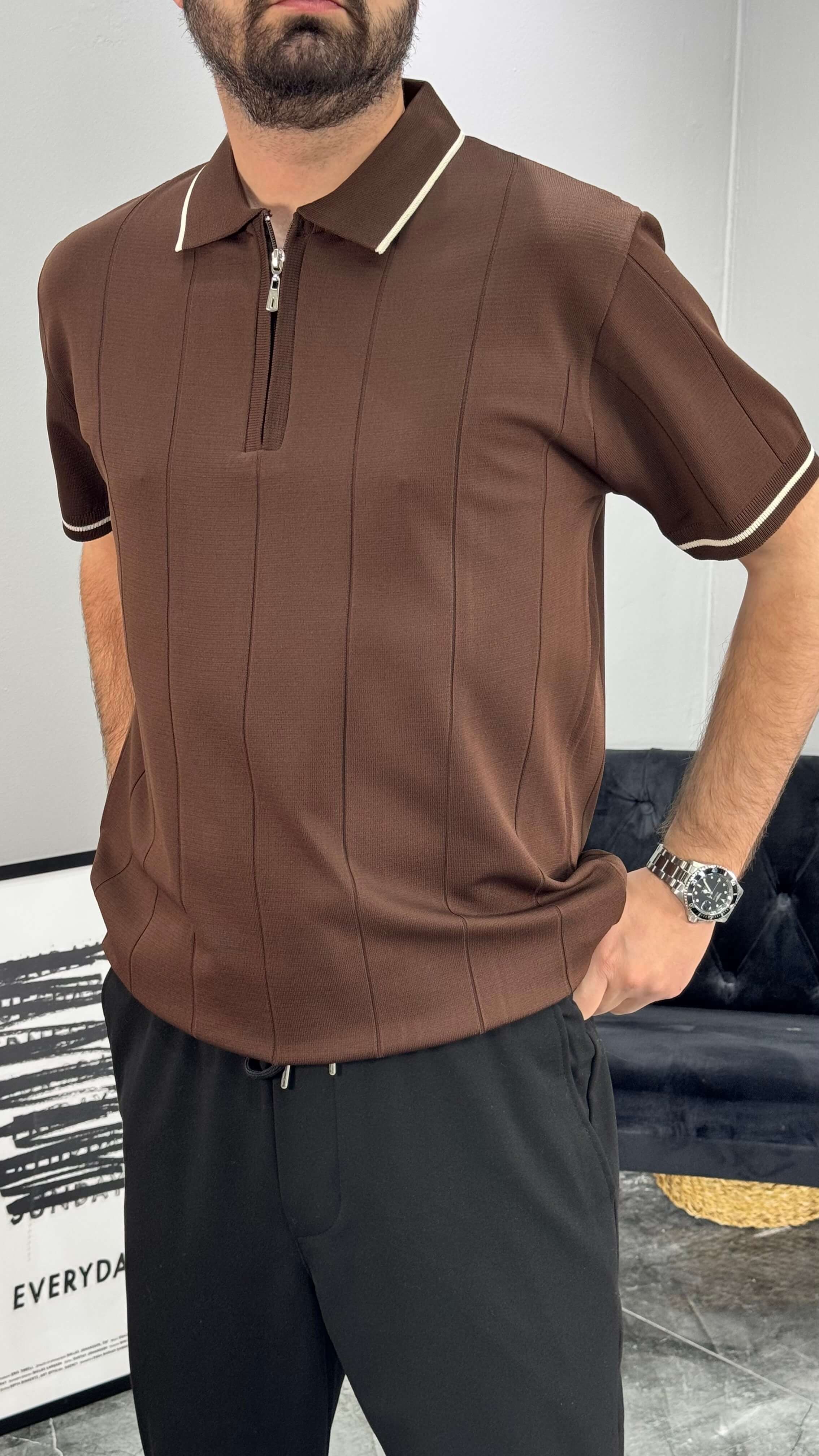 Şeritli Premium Erkek Tişört - Kahve