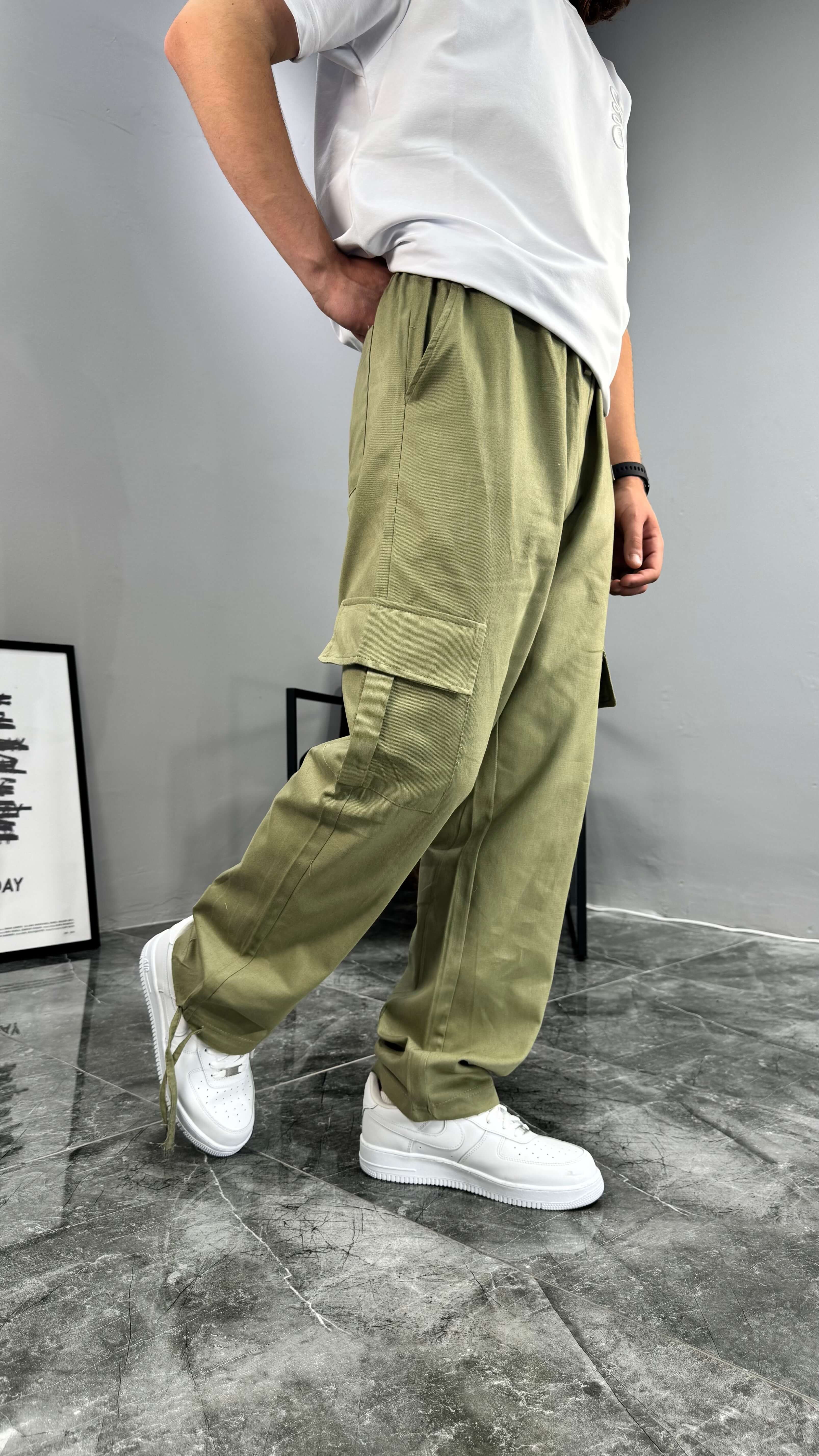 Yazlık Gabardin Kumaş Baggy Kargo Erkek Pantolon - Haki