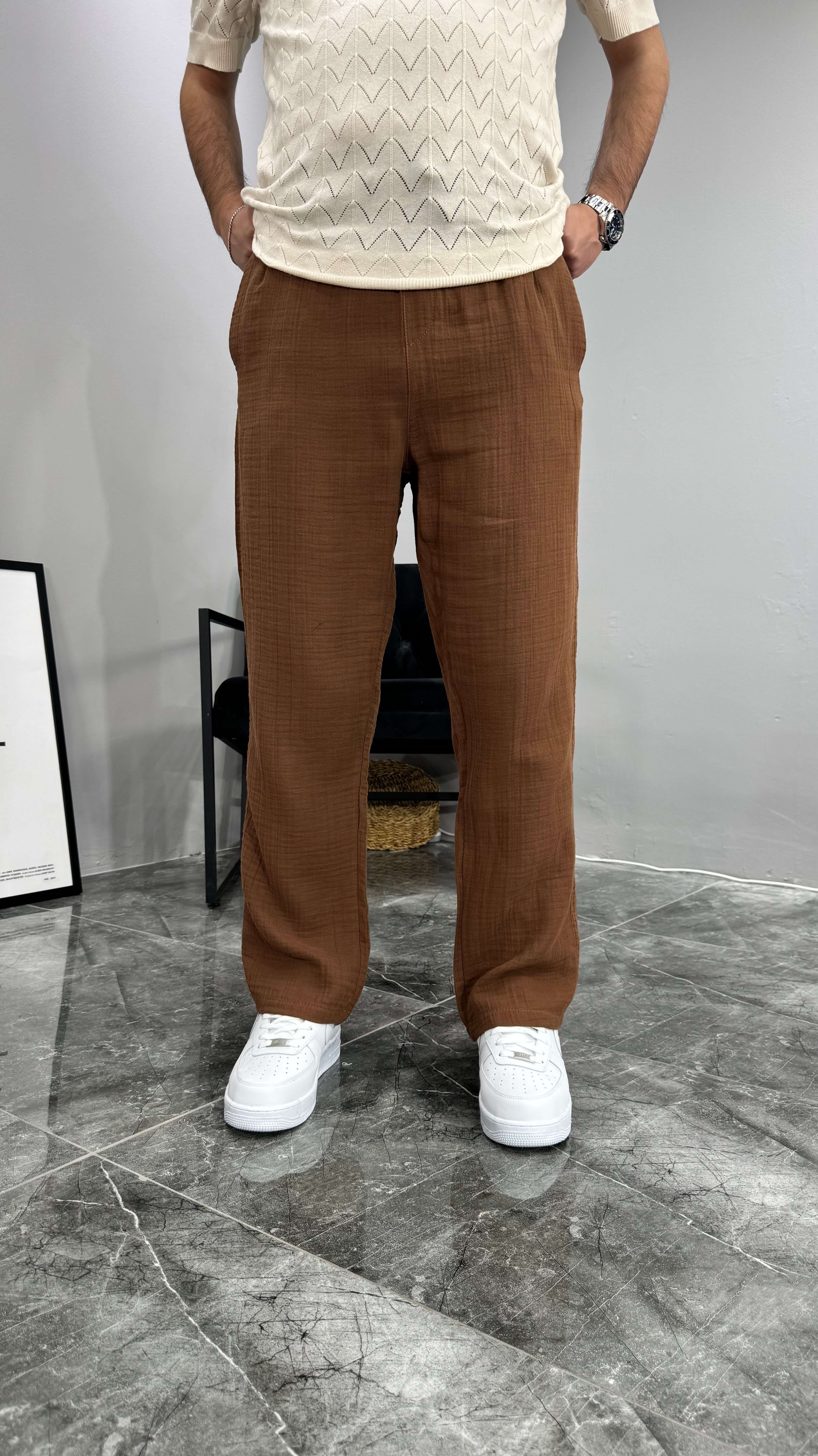 Müslin Kumaş Baggy Erkek Pantolon - Kahve