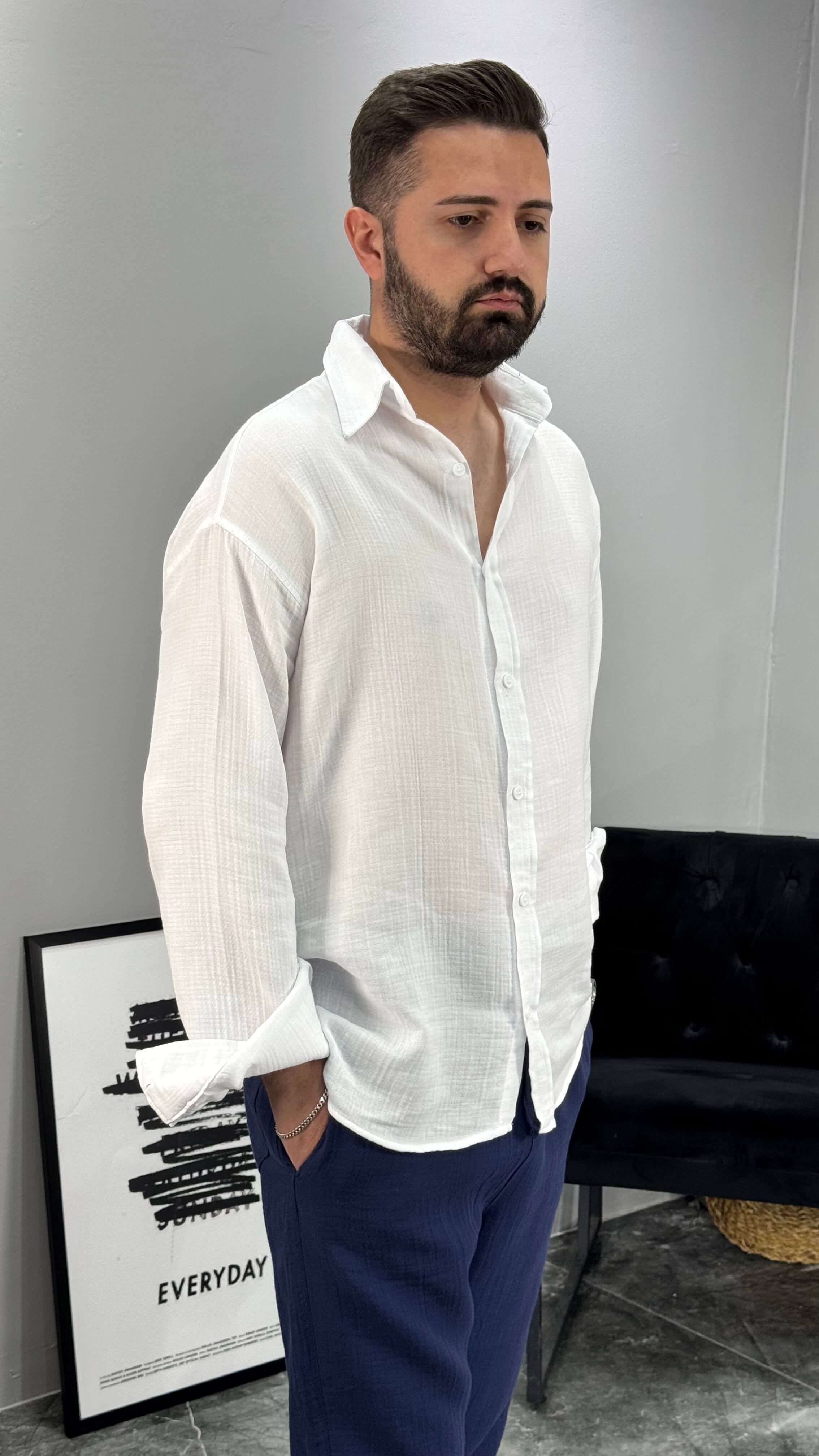 Müslin Kumaş Oversize Kalıp Erkek Gömlek - Beyaz