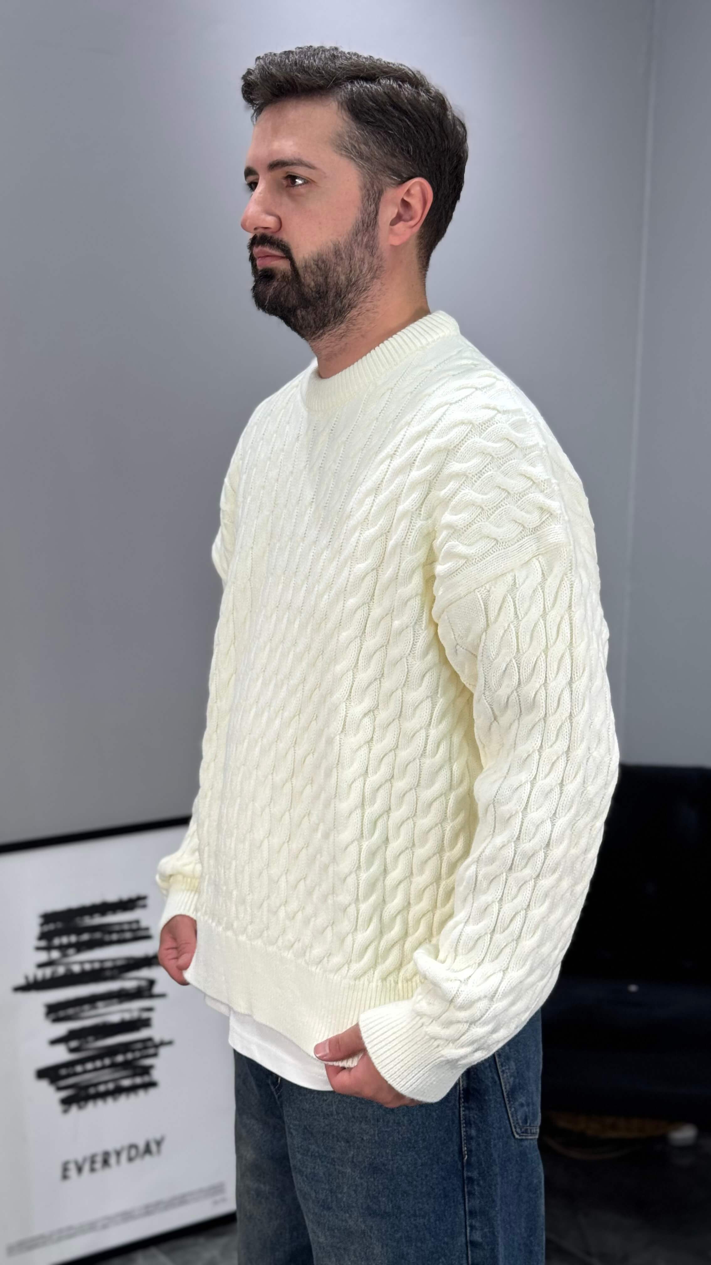 Zincir Desen Boxy Fit Oversize Erkek Kazak - Beyaz