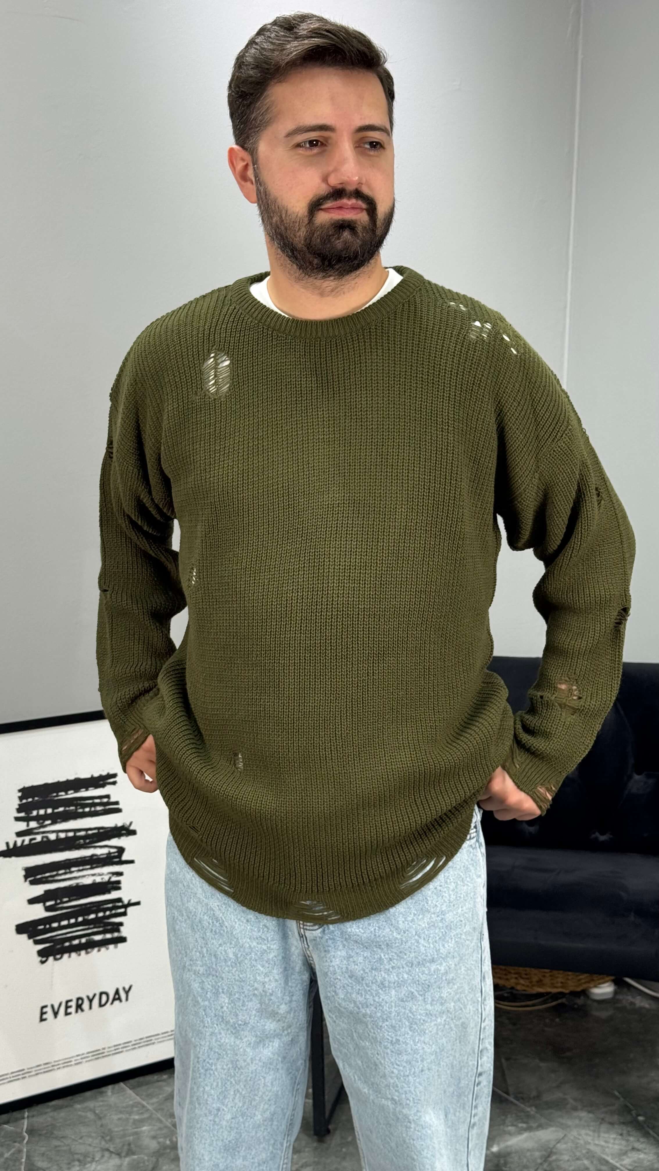Yırtık Detay Oversize Örme Kazak - Haki