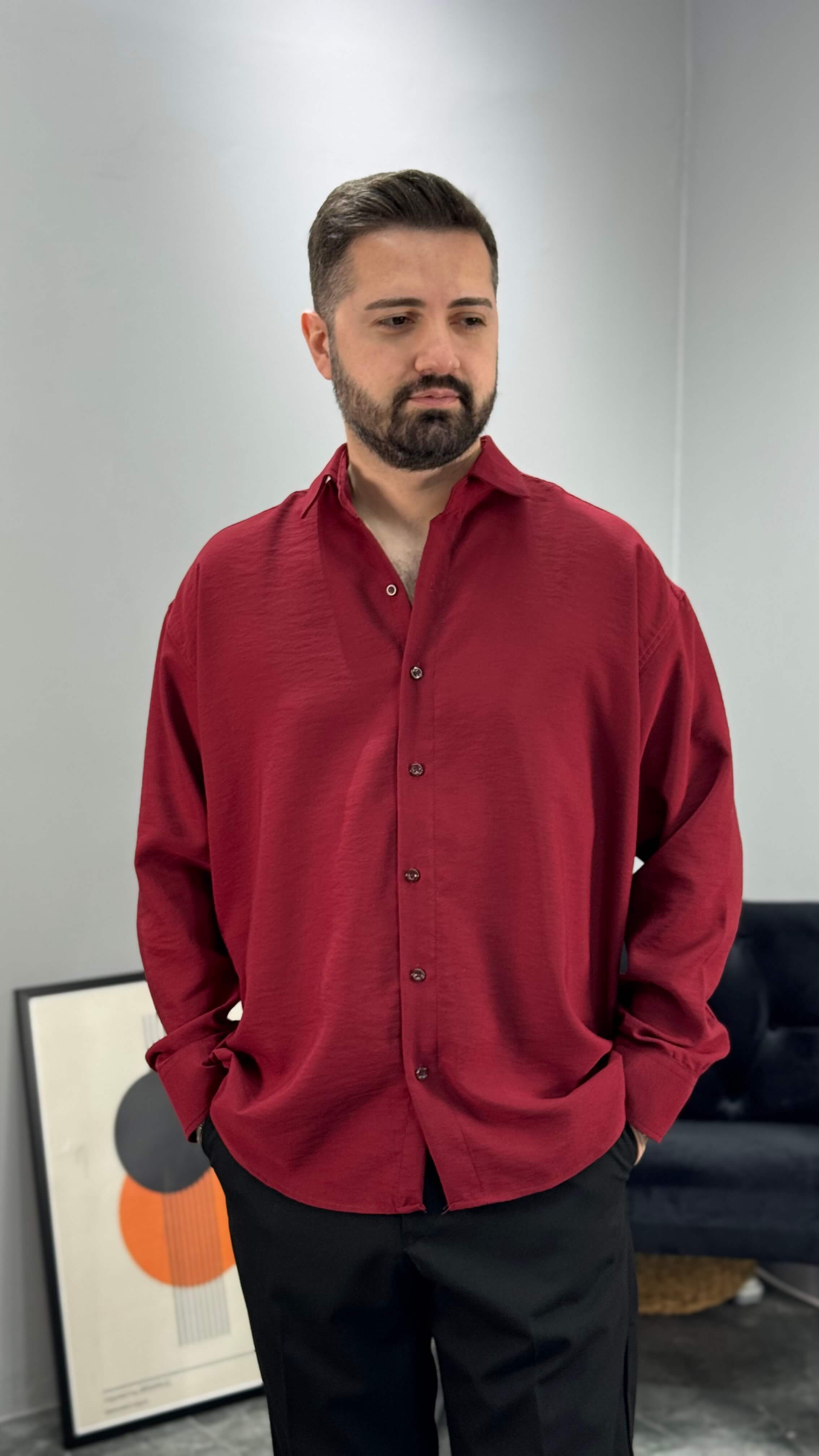 Premium Kışlık Modal Oversize Erkek Gömlek - Vişne
