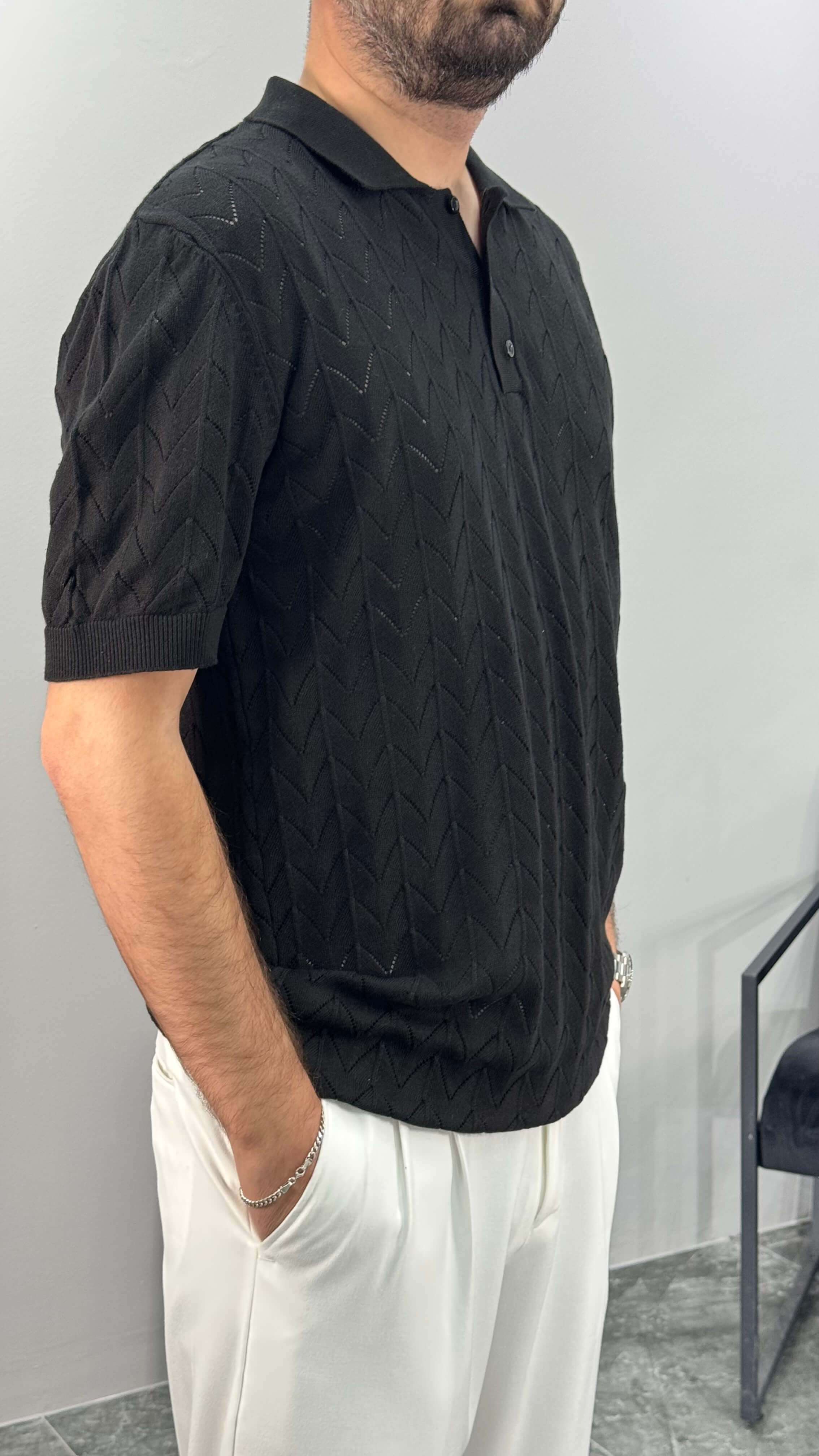 Balıksırtı Desenli Erkek Tshirt - Siyah