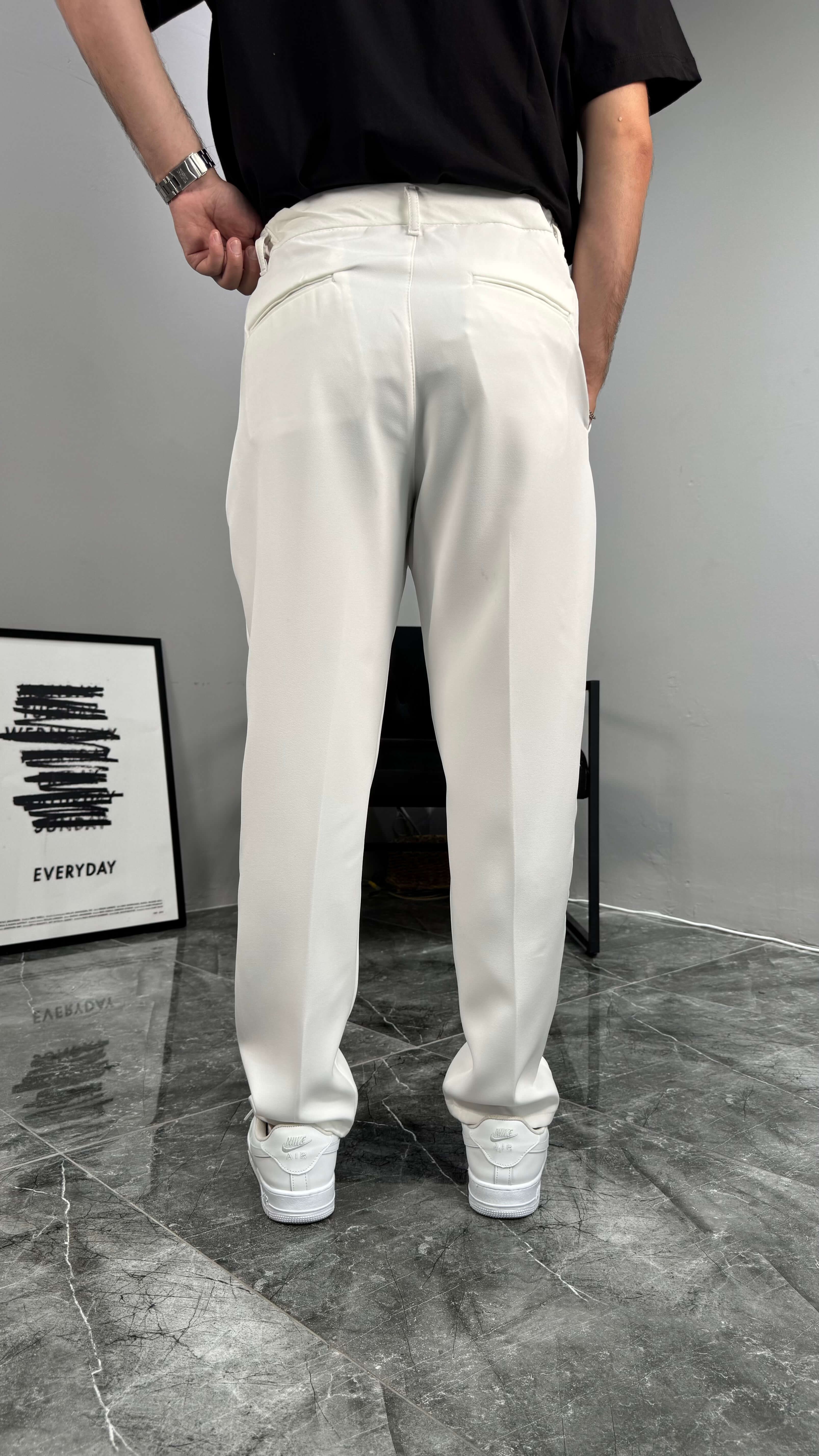 Regular İpli Premium Kumaş Pantolon - Beyaz