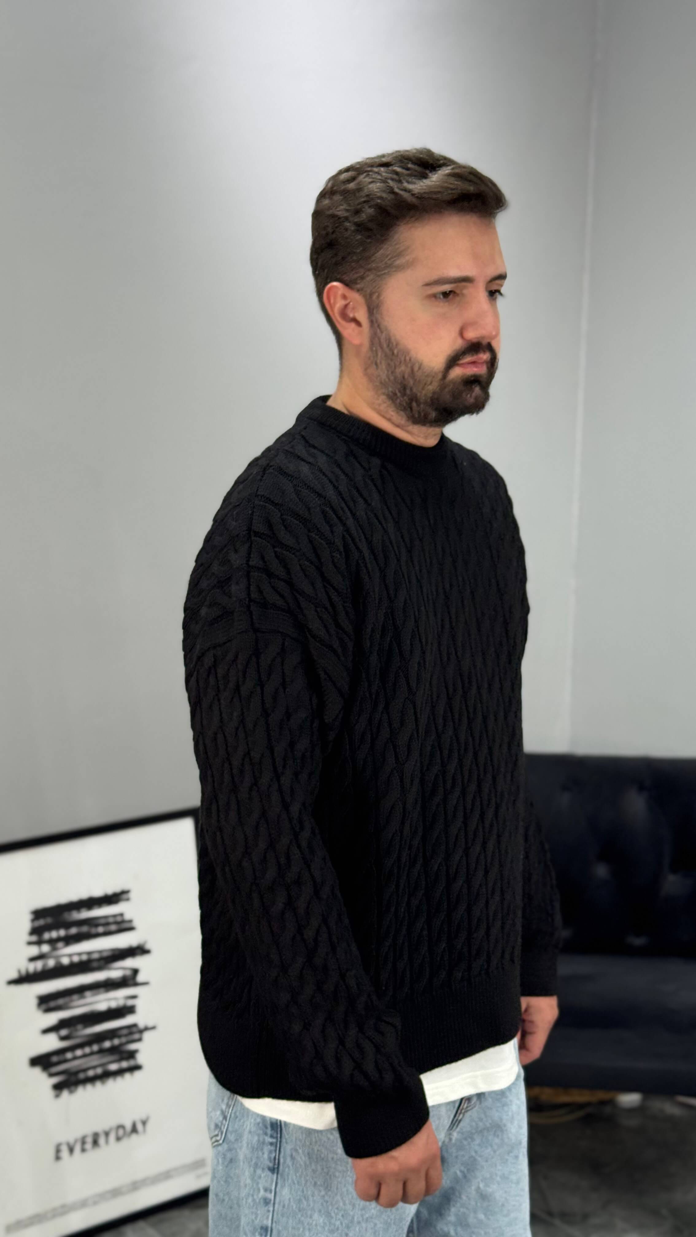 Zincir Desen Boxy Fit Oversize Erkek Kazak - Siyah