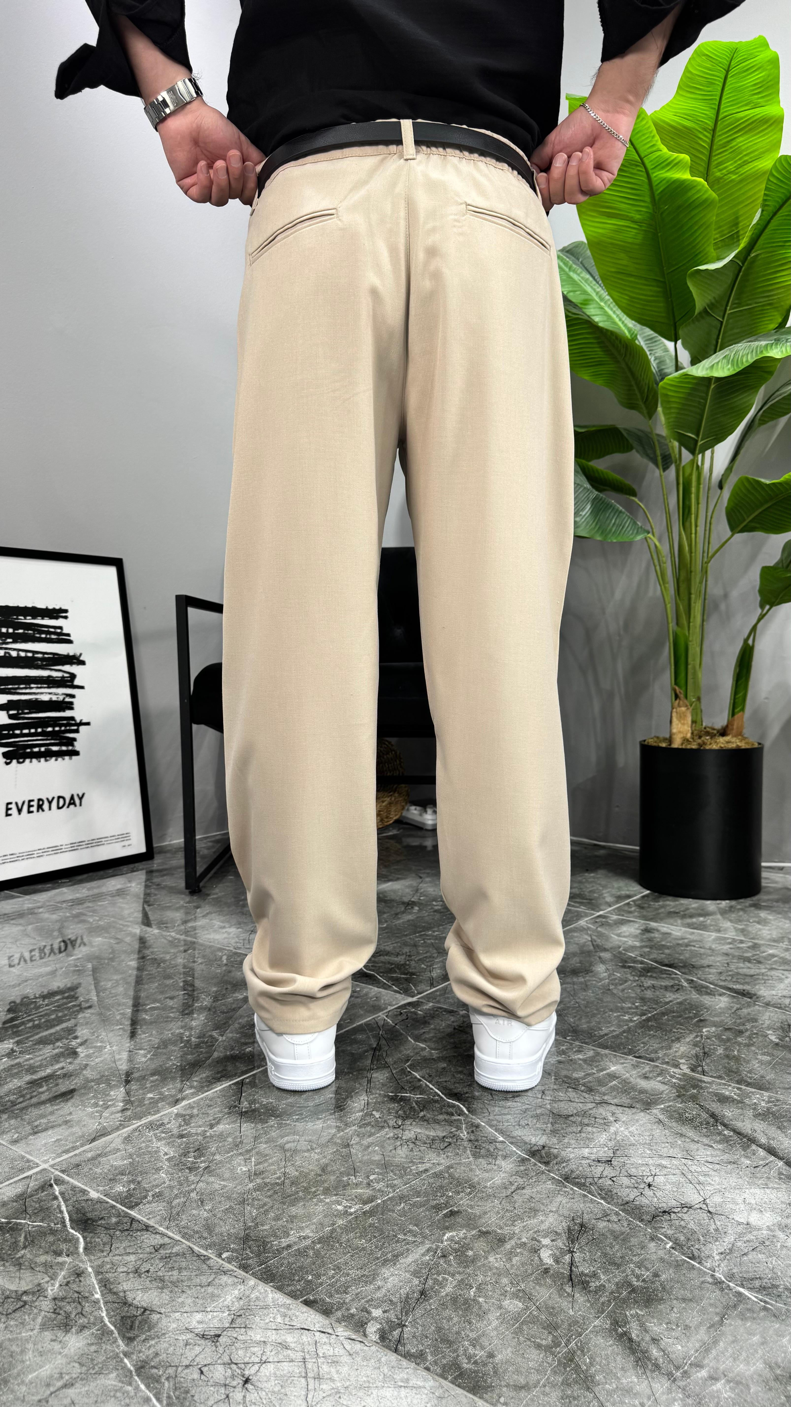 Premium Kemerli Baggy Erkek Pantolon - Krem