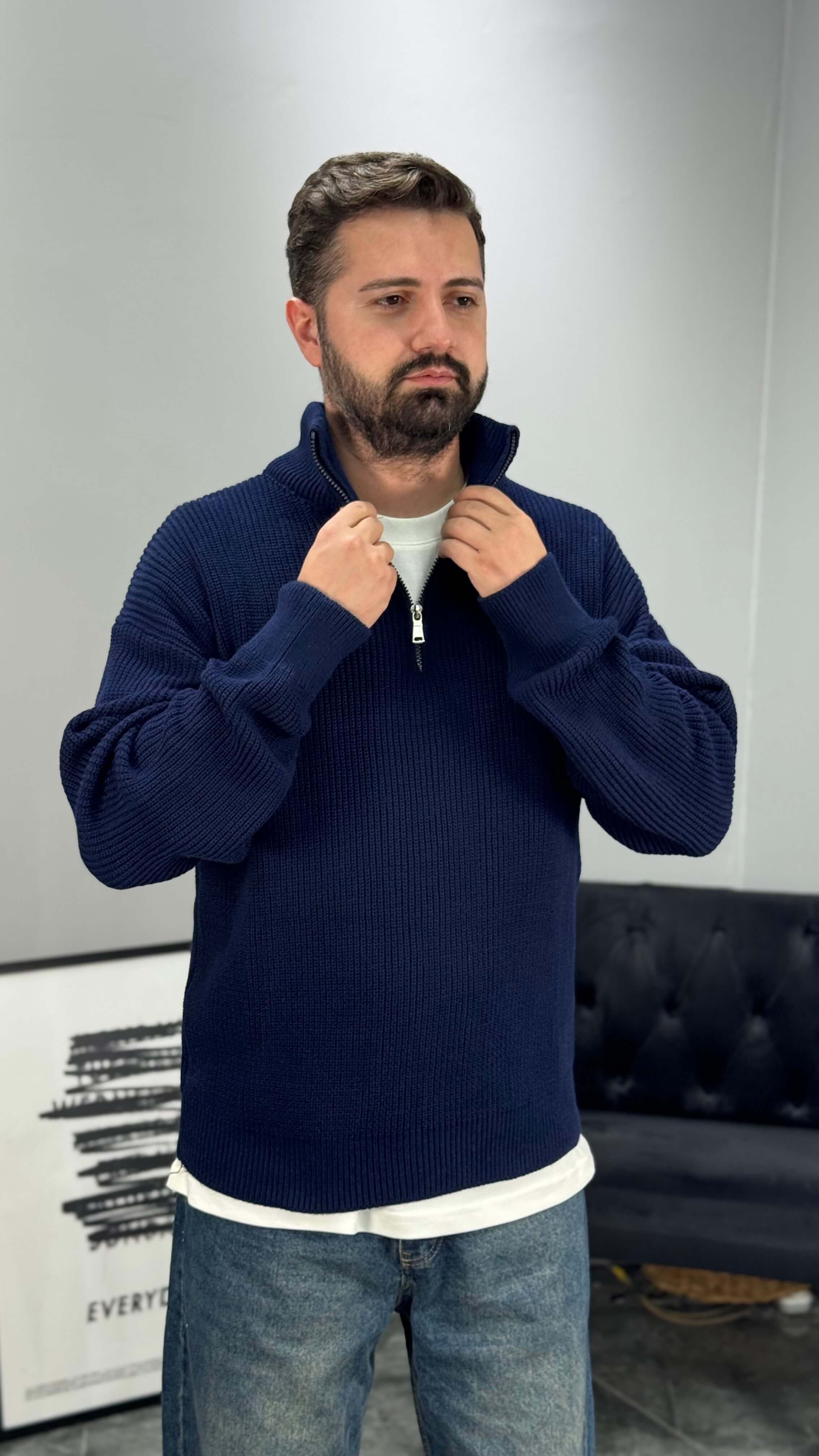 Fermuarlı Örme Oversize Kazak - Lacivert