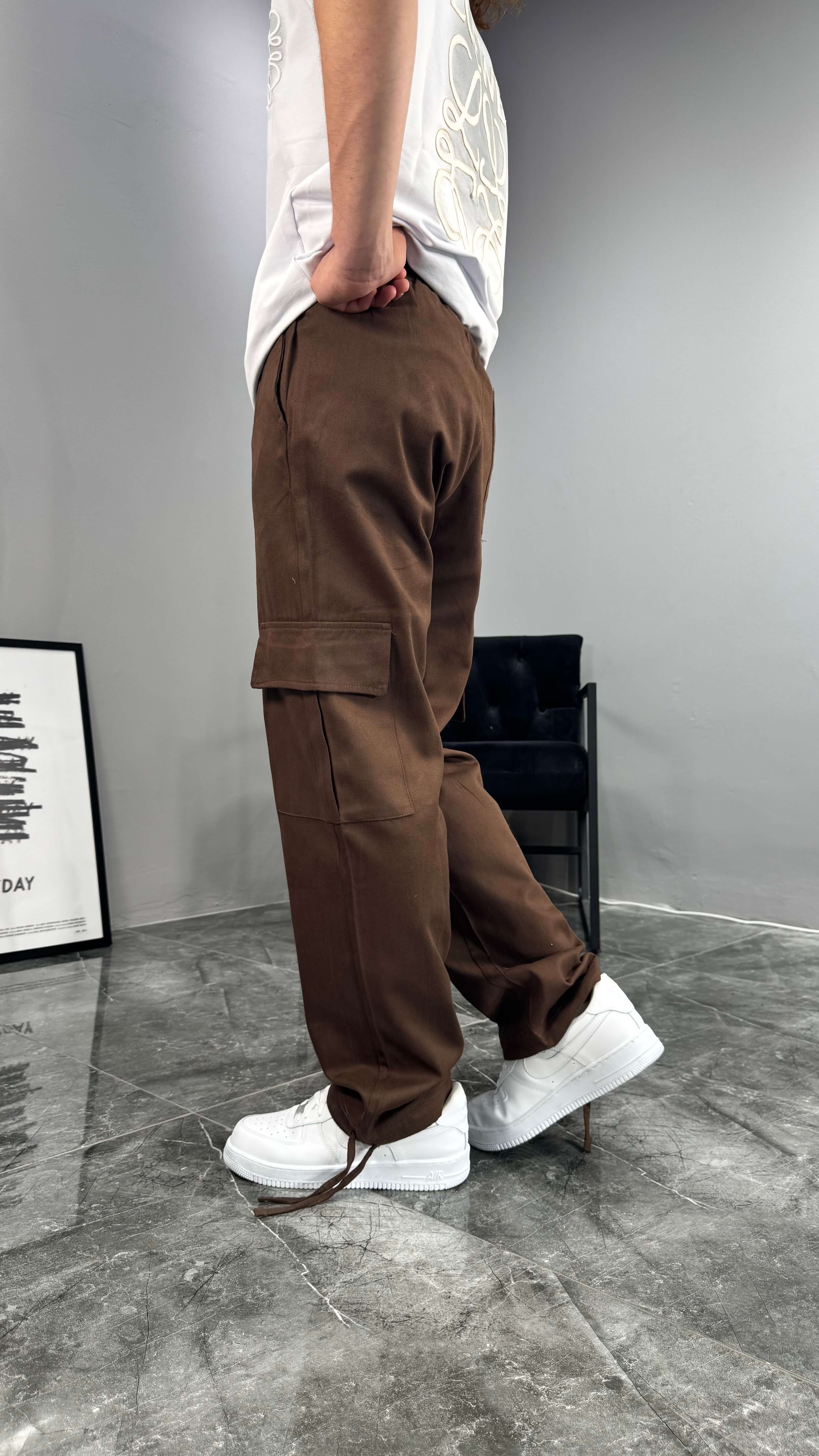 Yazlık Gabardin Kumaş Baggy Kargo Erkek Pantolon - Kahve