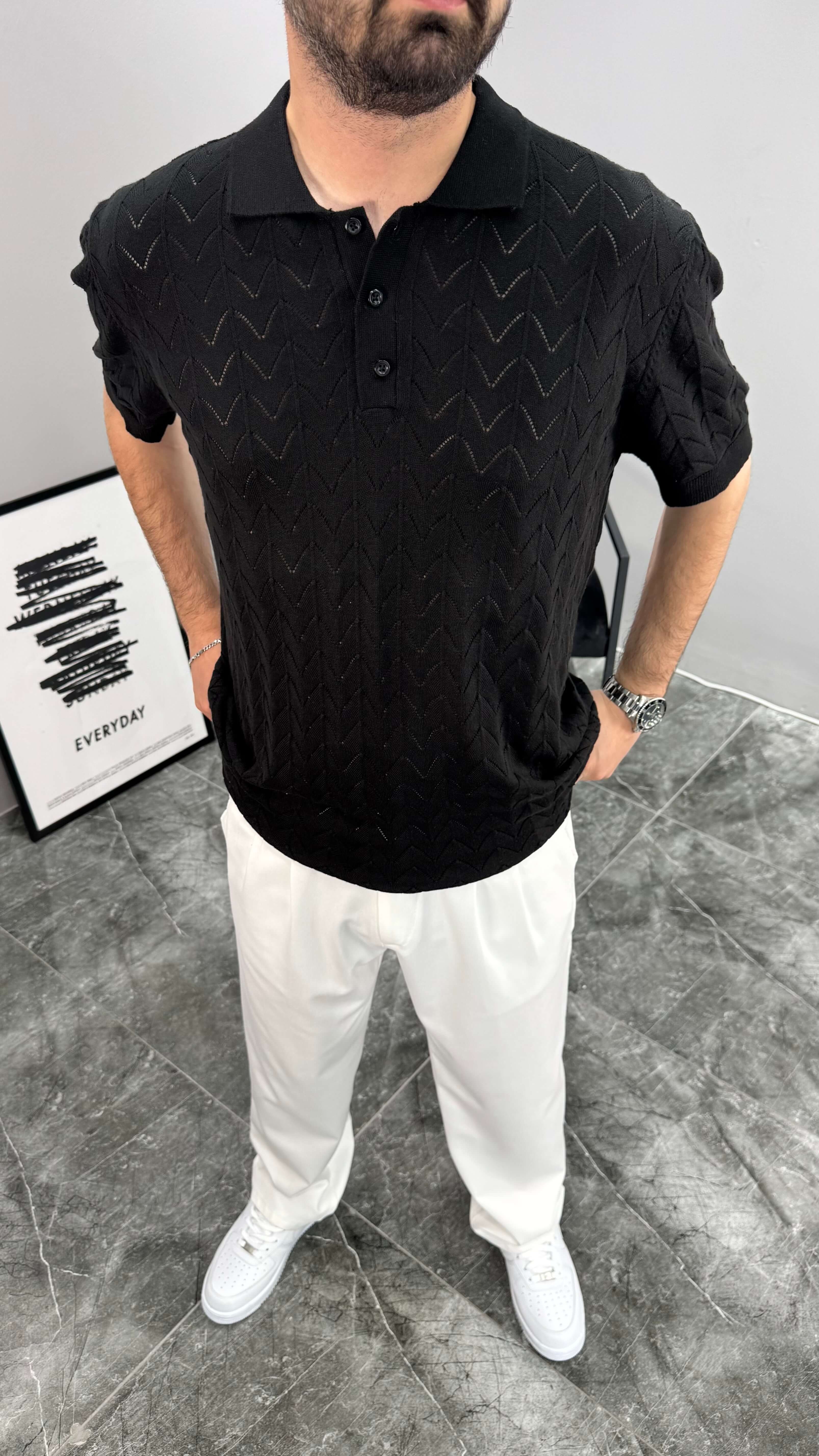 Balıksırtı Desenli Erkek Tshirt - Siyah
