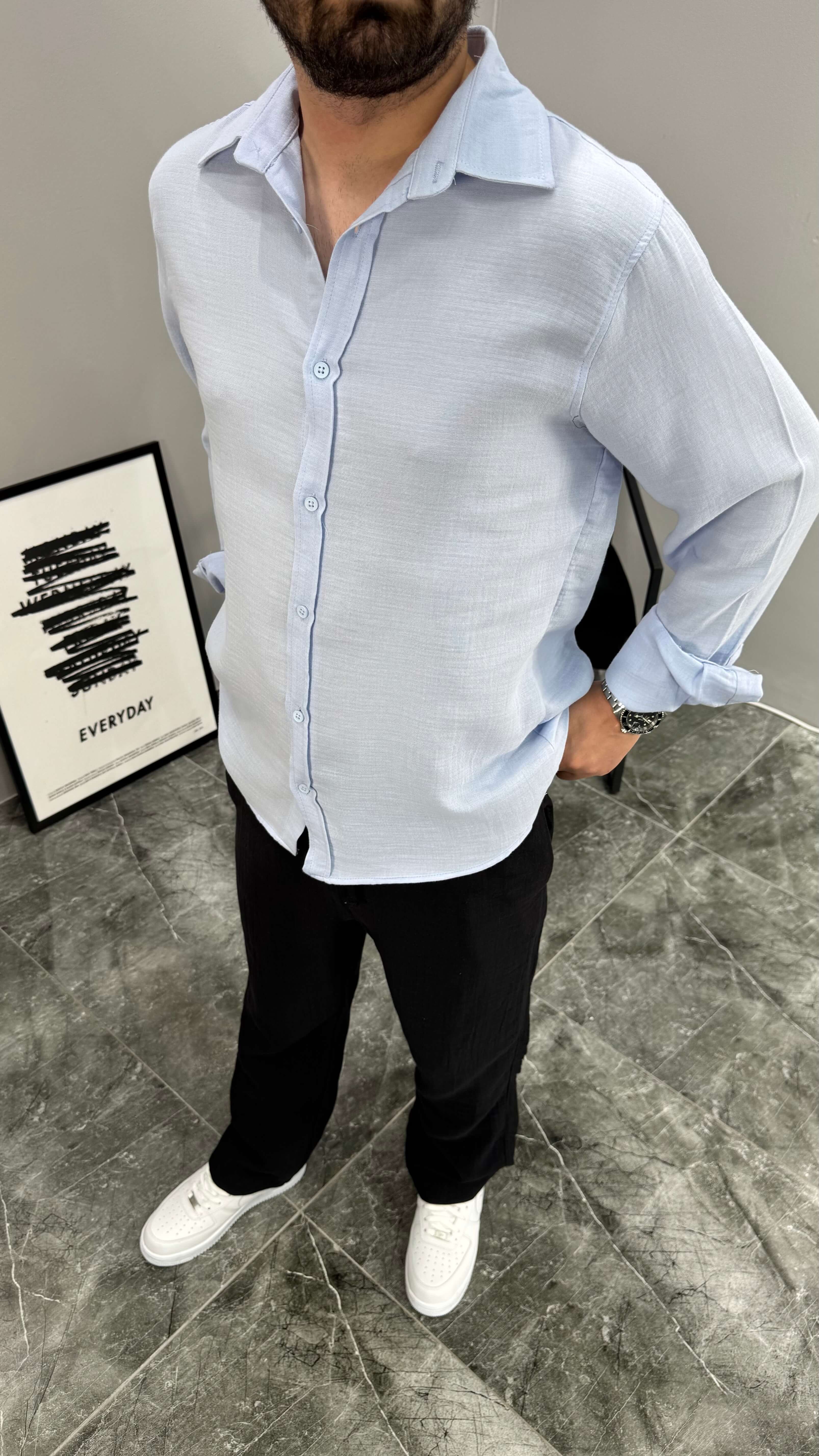 Müslin Kumaş Oversize Kalıp Erkek Gömlek - Mavi