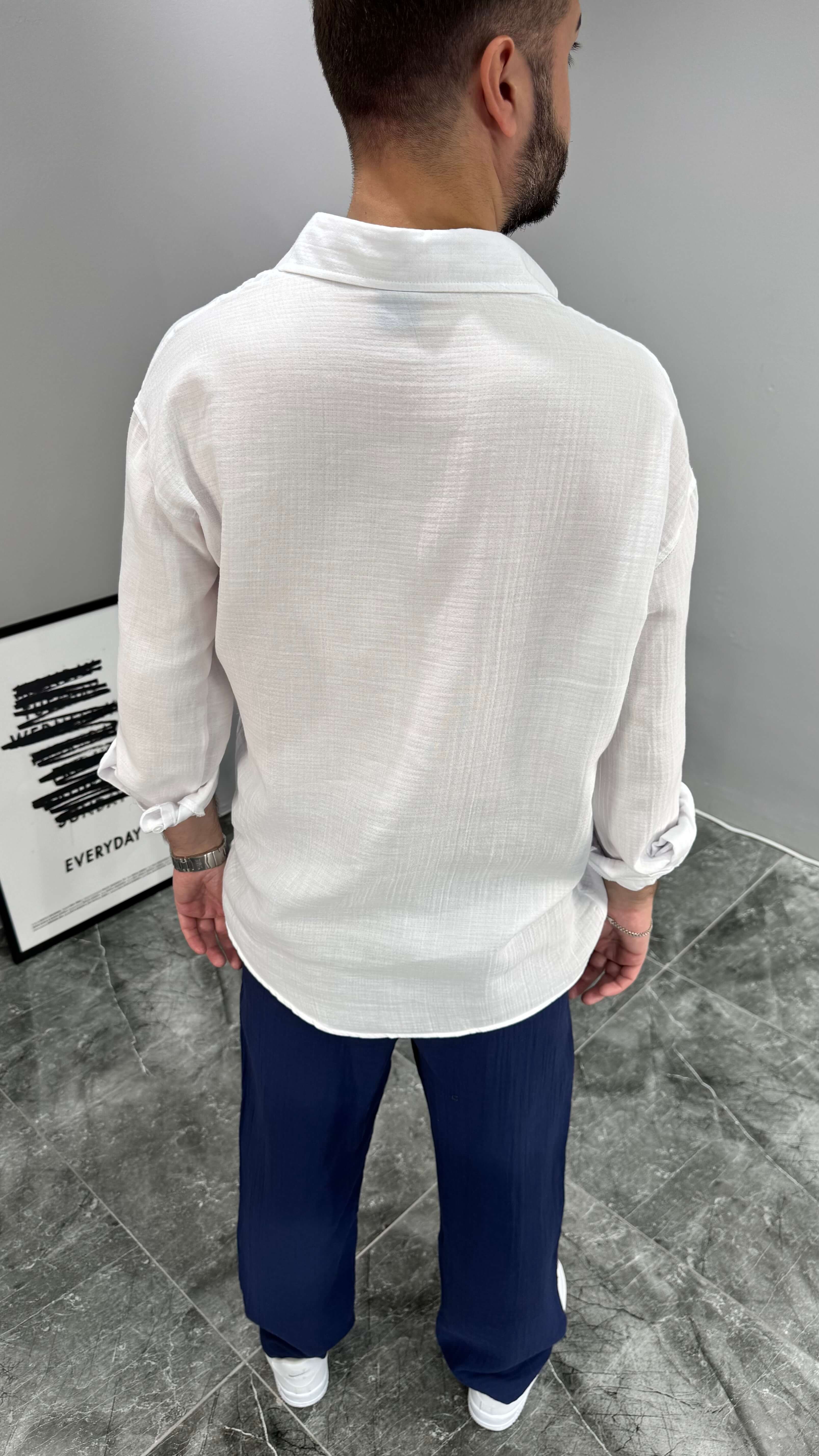 Müslin Kumaş Oversize Kalıp Erkek Gömlek - Beyaz