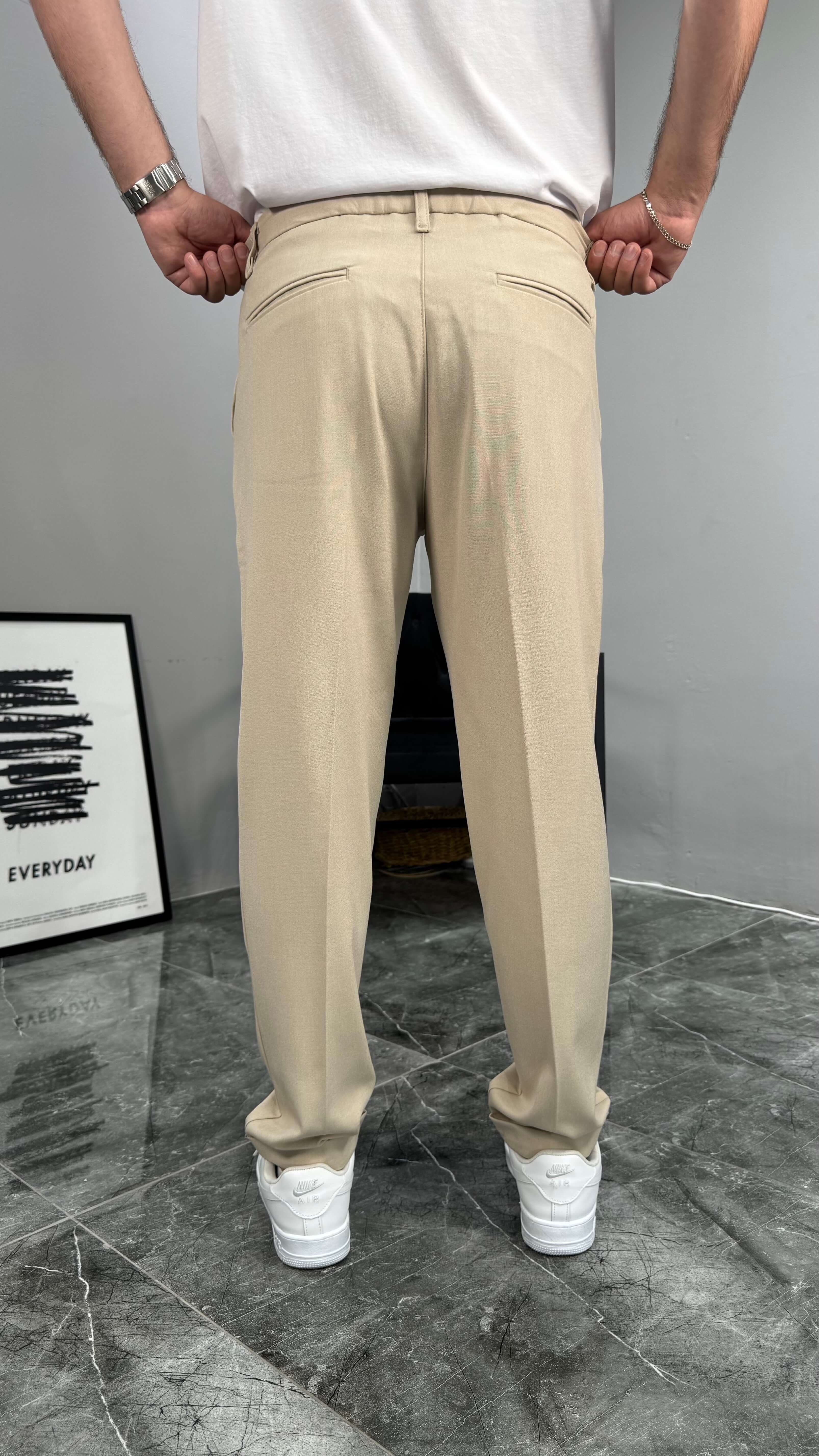 Regular Kalıp Duble Paça Erkek Pantolon - Krem