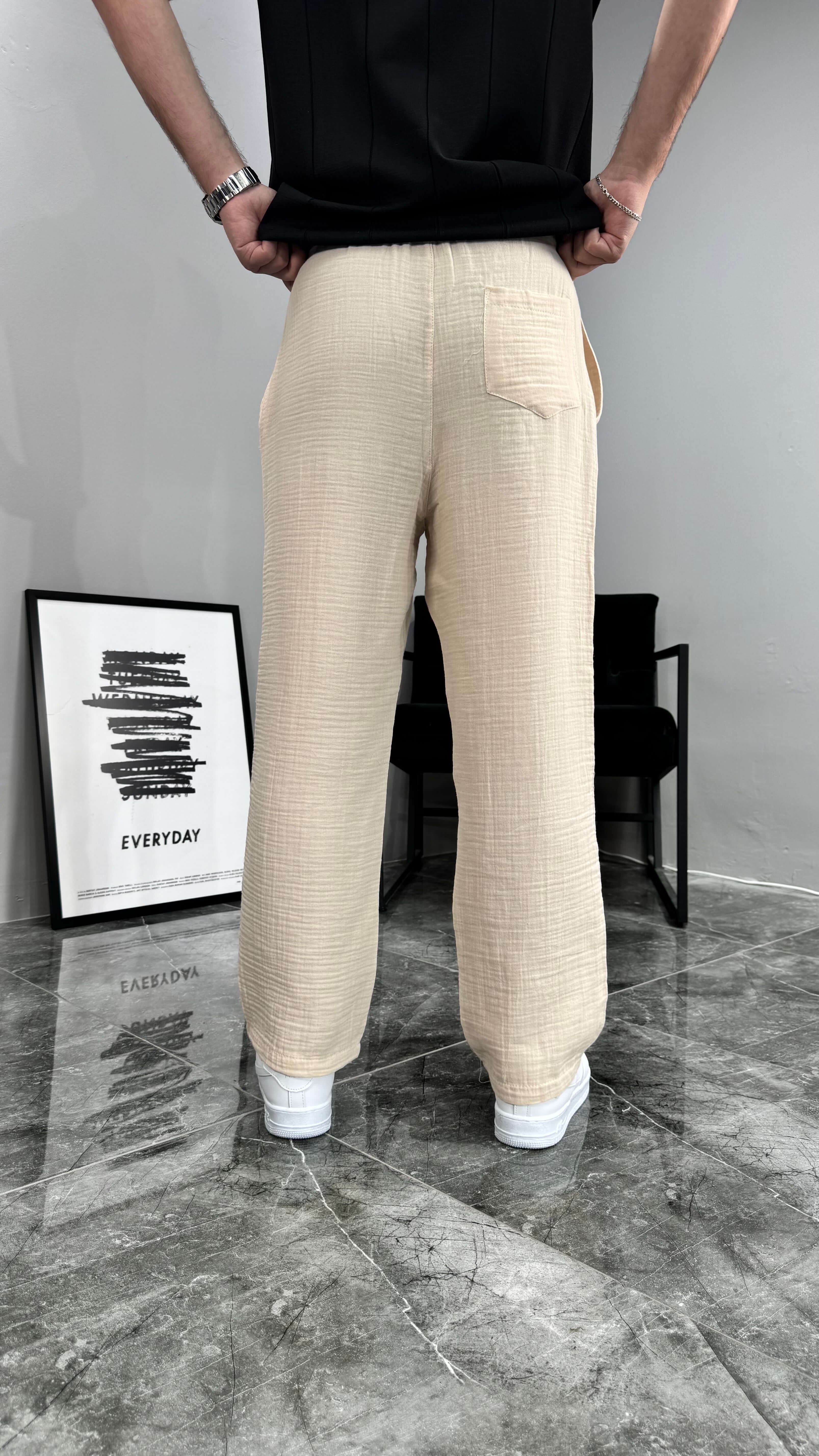 Müslin Kumaş Baggy Erkek Pantolon - Krem
