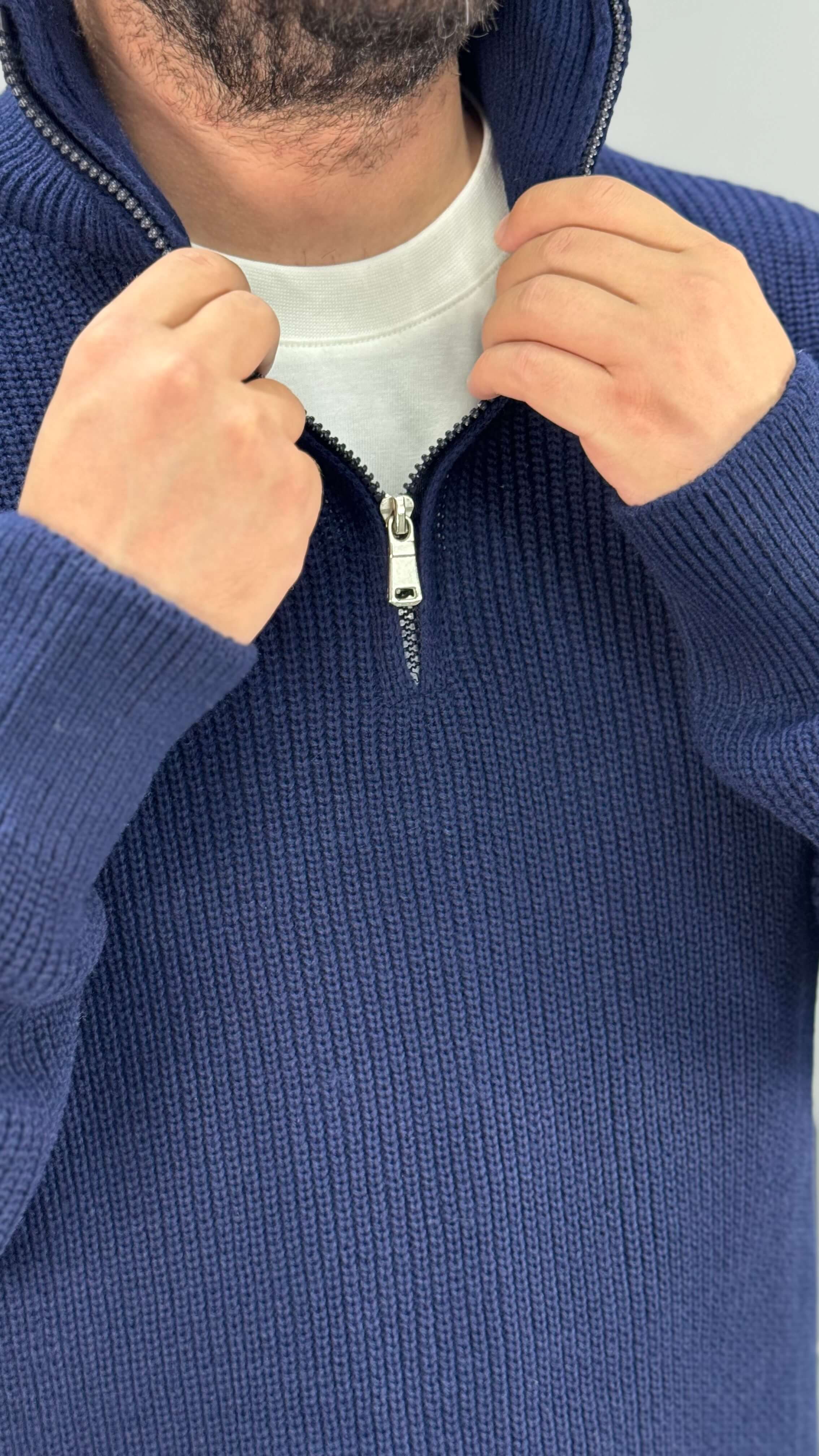 Fermuarlı Örme Oversize Kazak - Lacivert