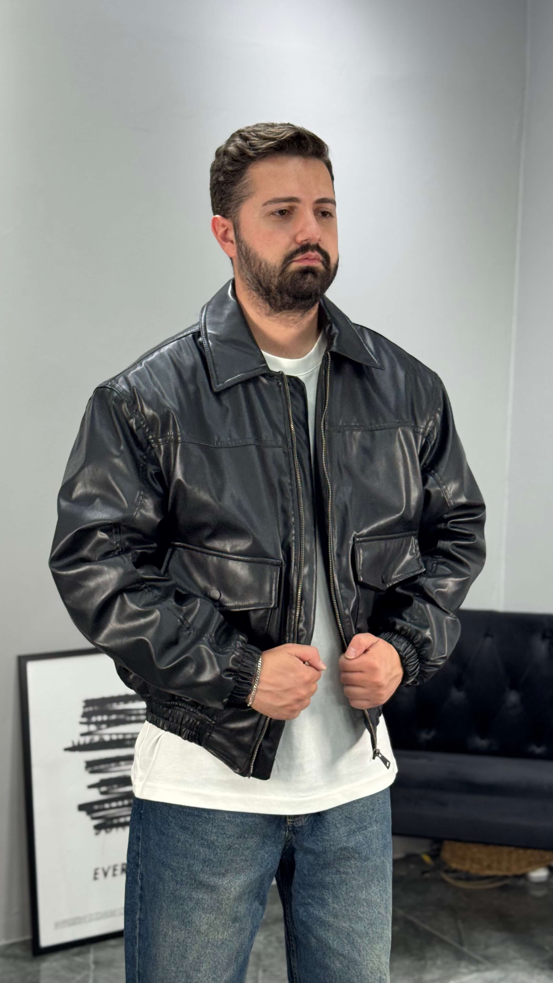 90's Boxy Fit Oversize Deri Bomber Mont - Siyah
