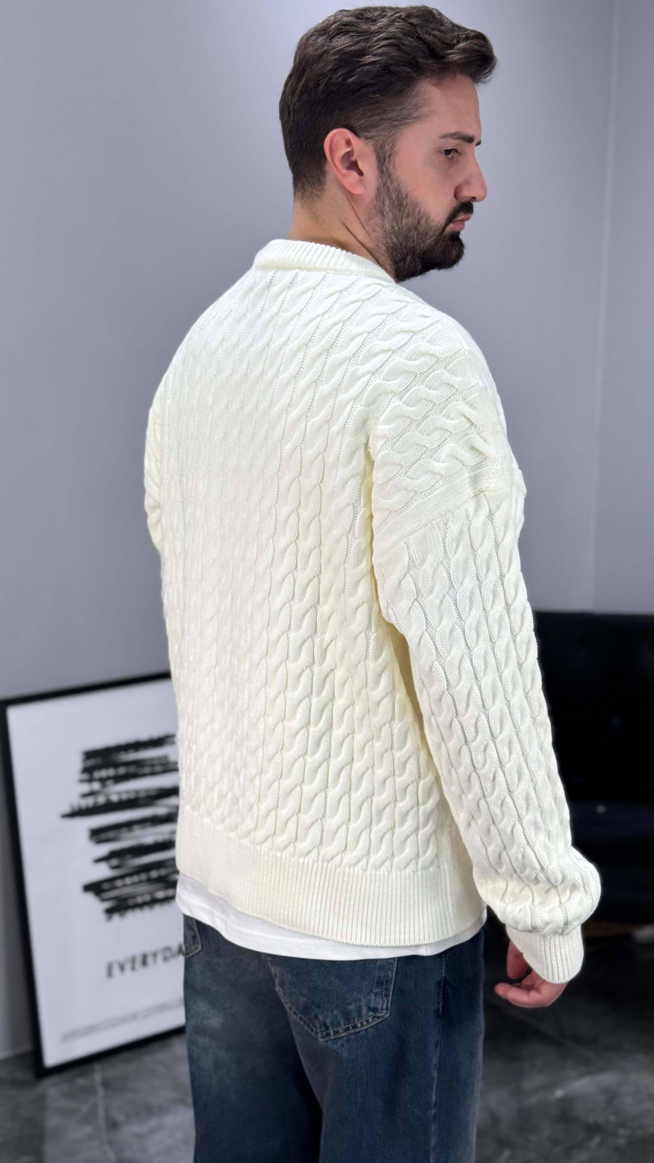 Zincir Desen Boxy Fit Oversize Erkek Kazak - Beyaz