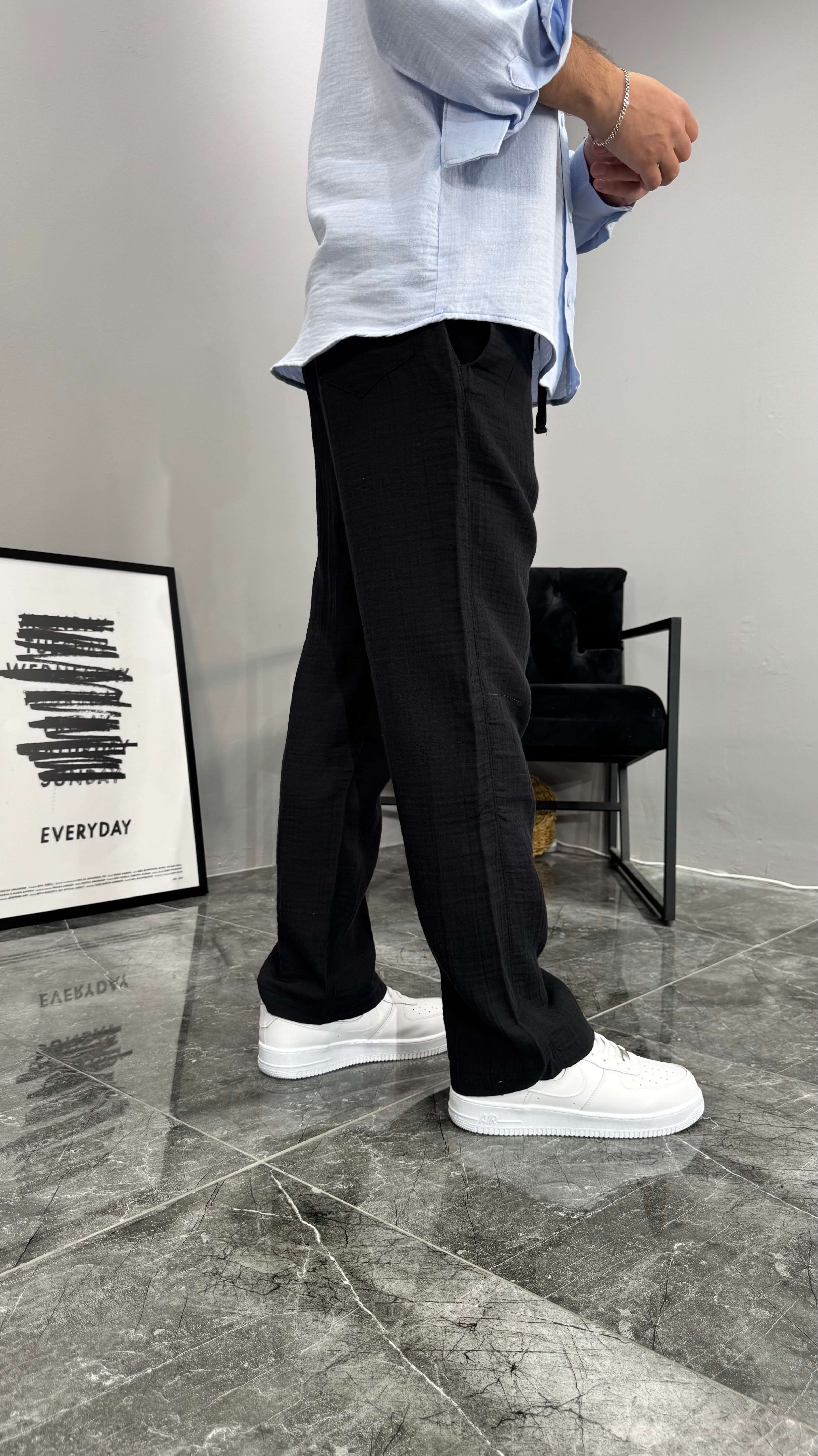 Müslin Kumaş Baggy Erkek Pantolon - Siyah