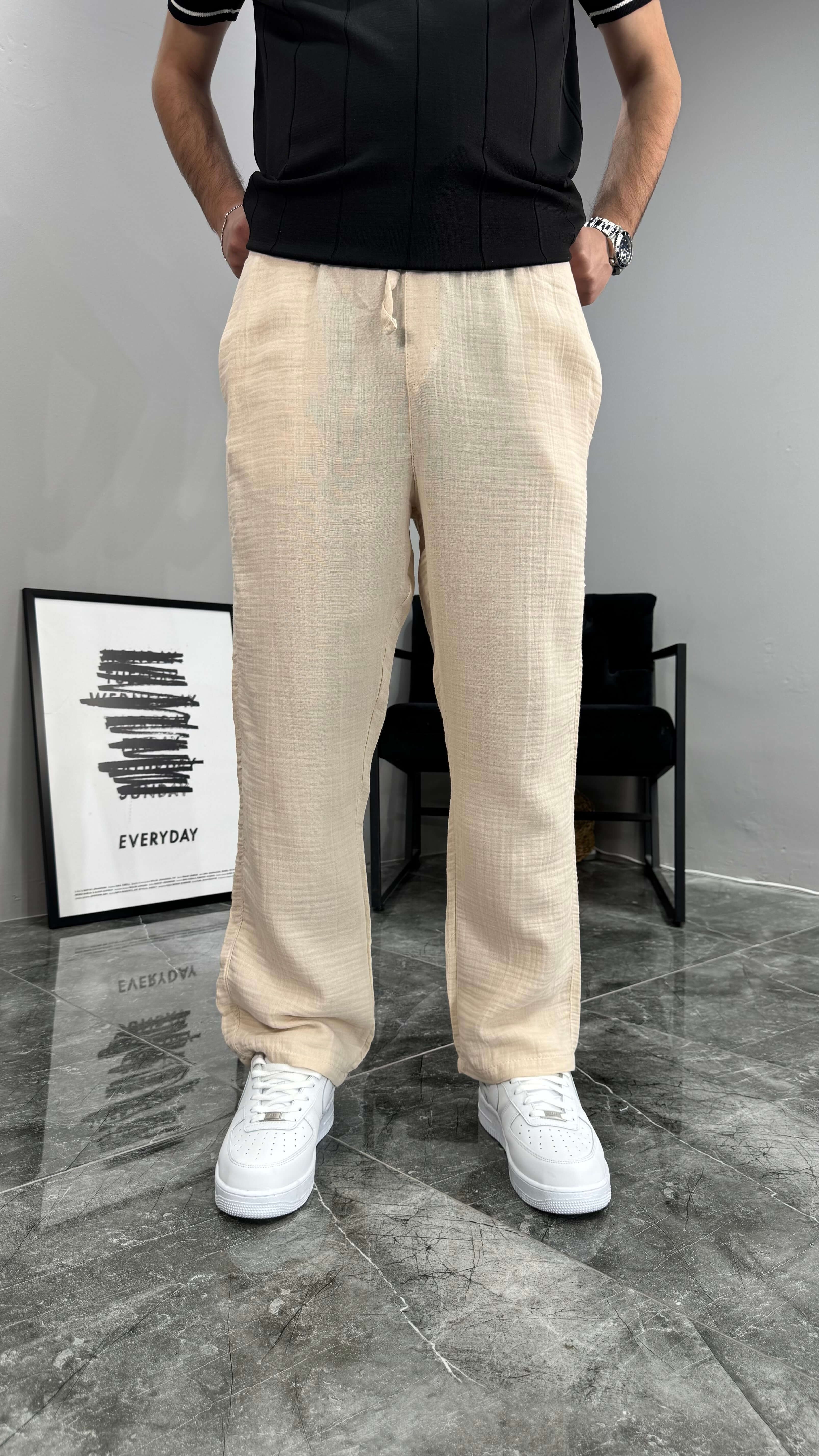 Müslin Kumaş Baggy Erkek Pantolon - Krem
