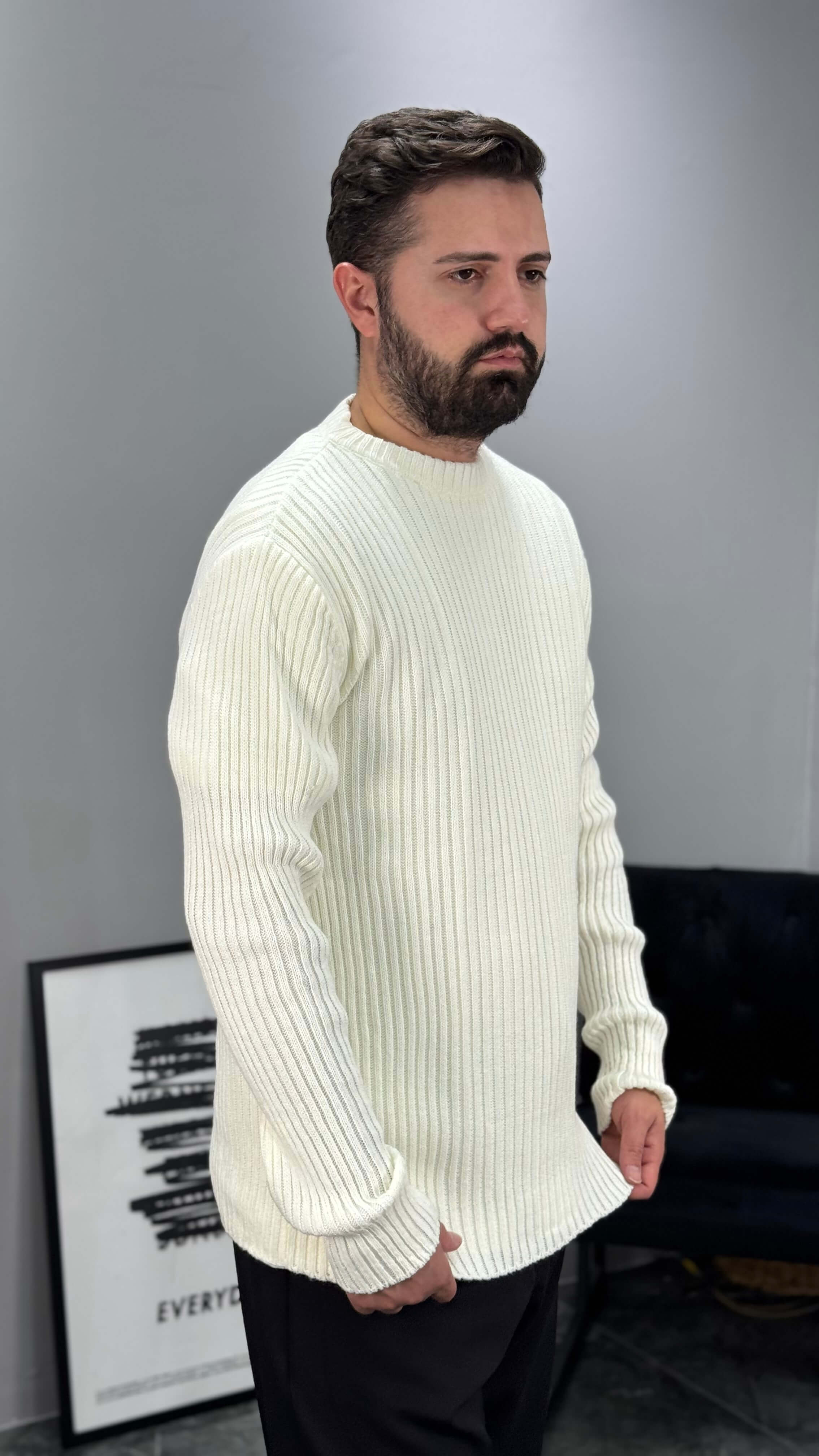 Regular Fit Çizgili Kazak - Beyaz
