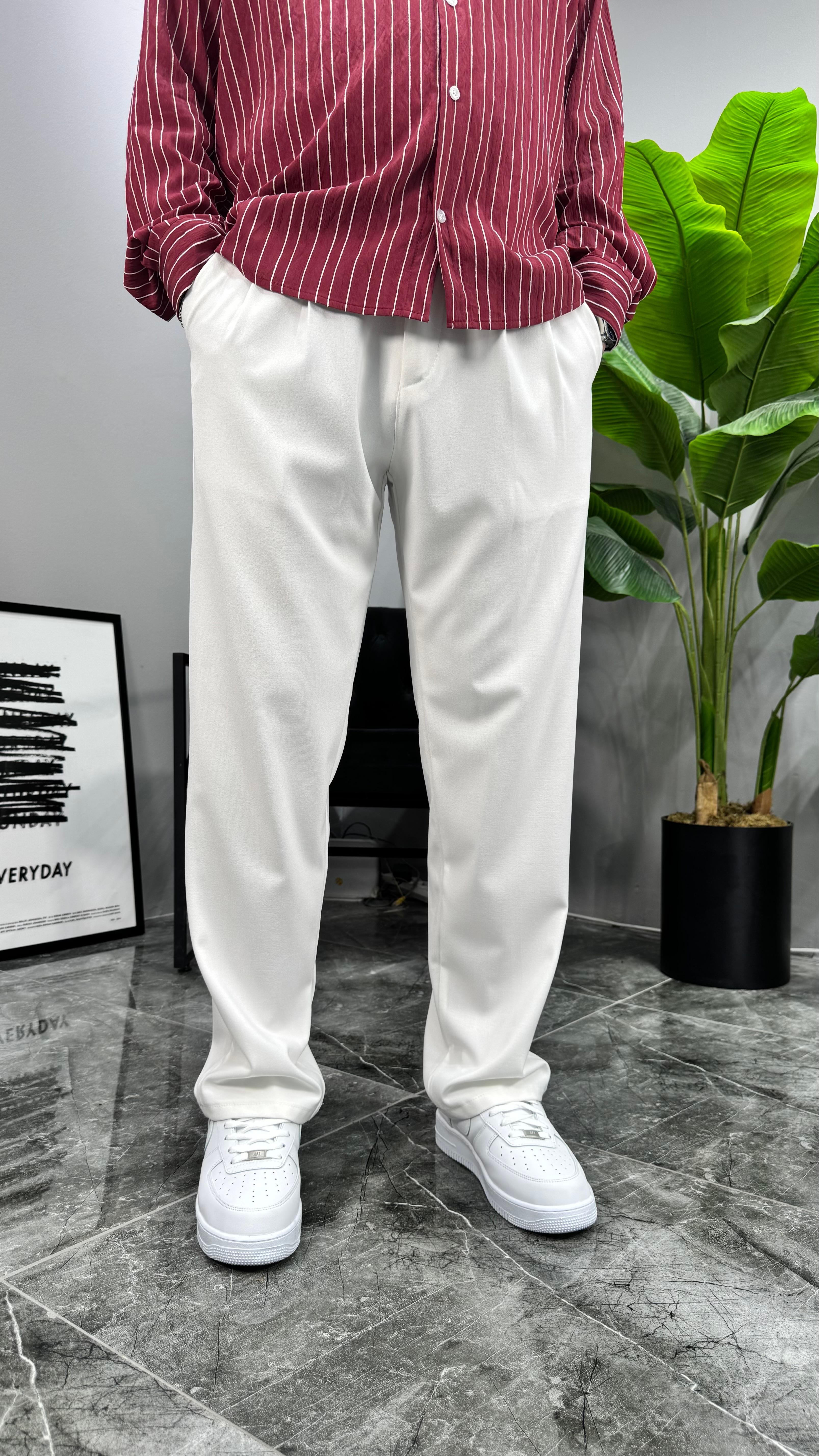 Premium Kemerli Baggy Erkek Pantolon - Beyaz