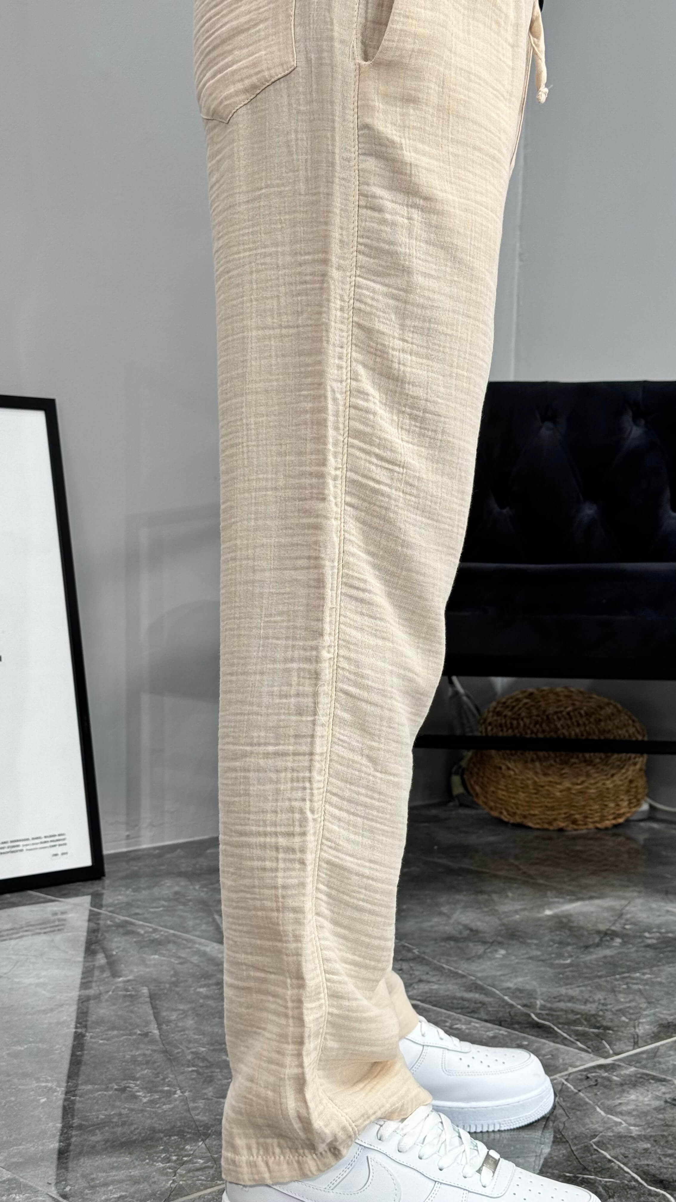 Müslin Kumaş Baggy Erkek Pantolon - Krem