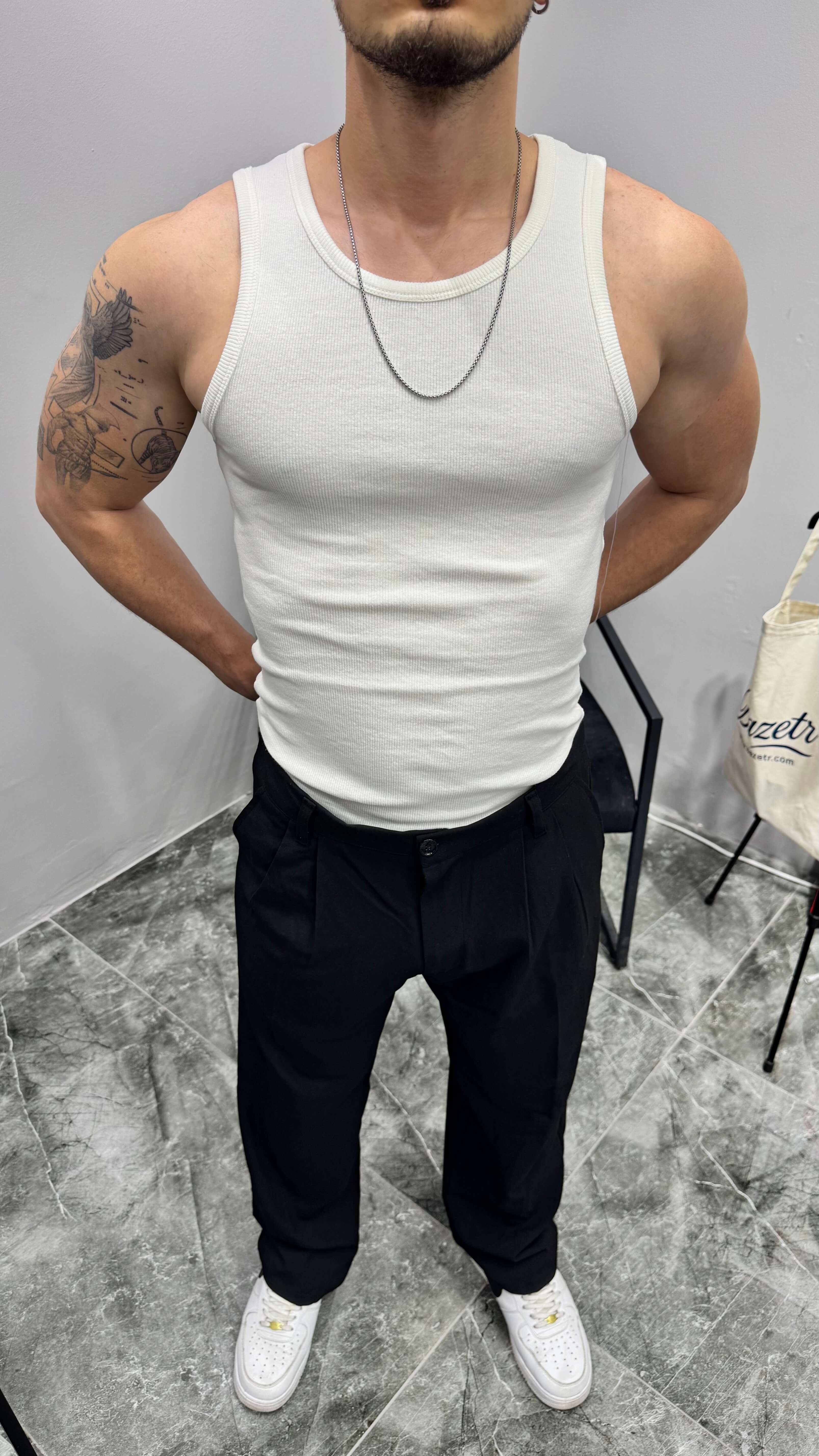 Fitilli Slimfit Erkek Atlet Beyaz