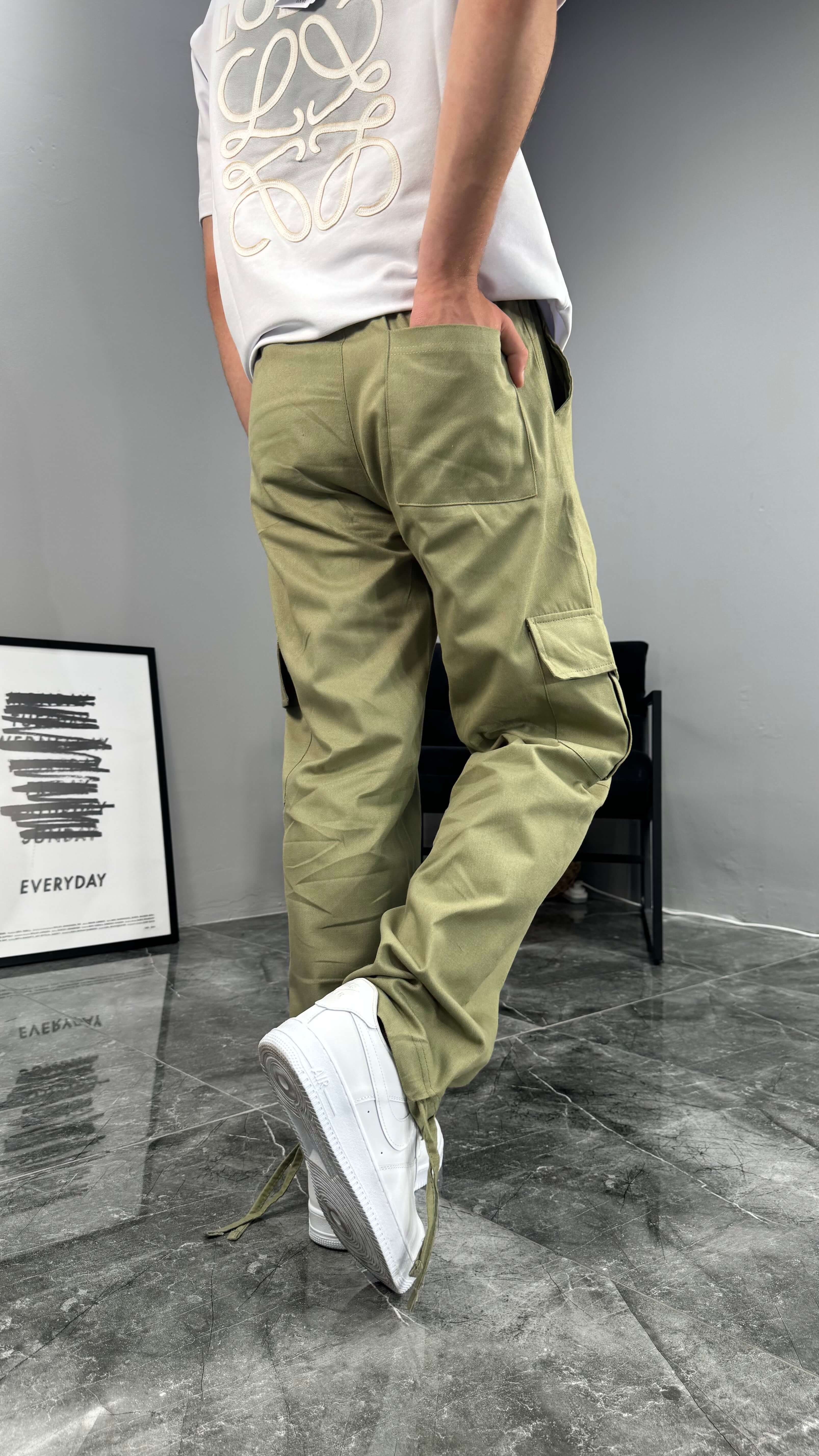 Yazlık Gabardin Kumaş Baggy Kargo Erkek Pantolon - Haki