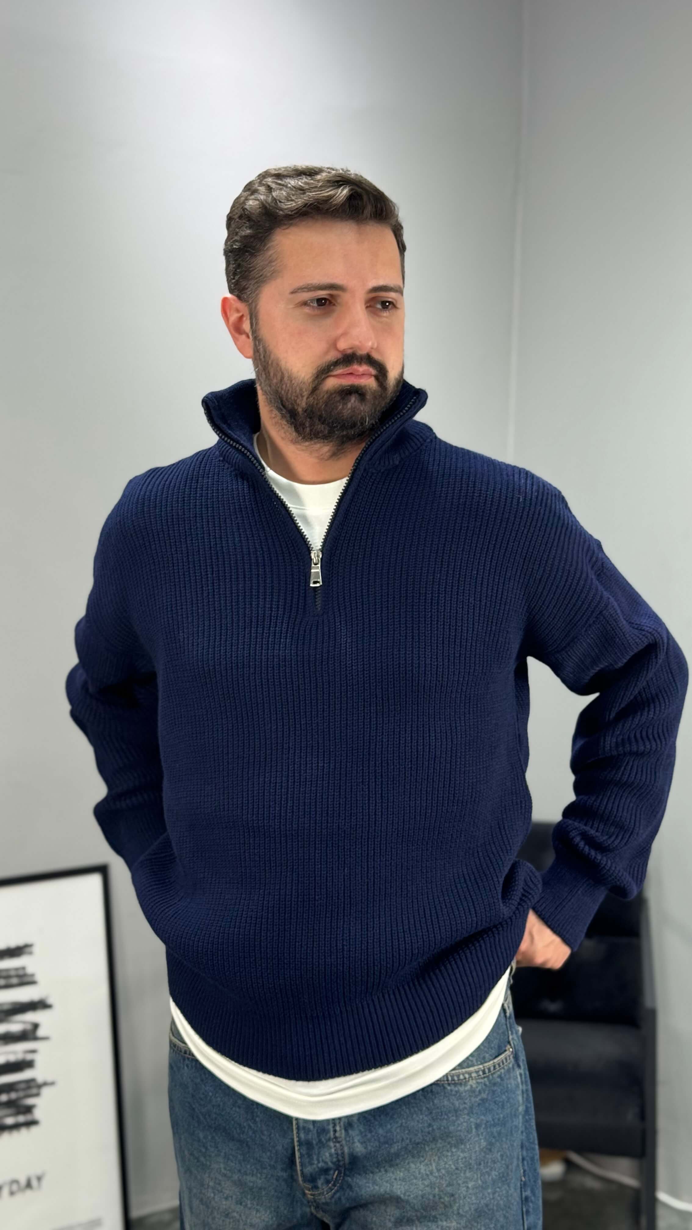 Fermuarlı Örme Oversize Kazak - Lacivert