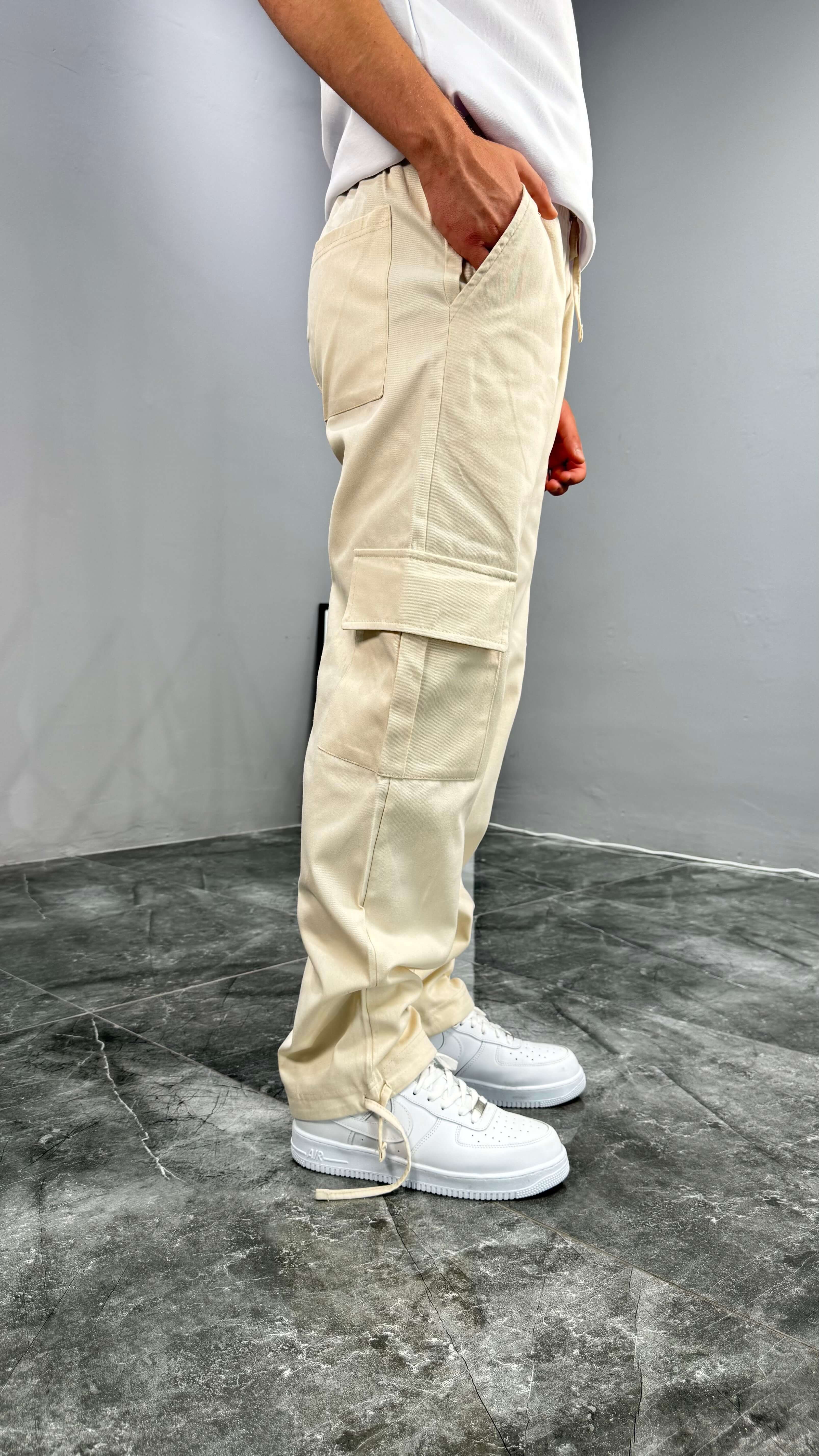 Yazlık Gabardin Kumaş Baggy Kargo Erkek Pantolon - Krem