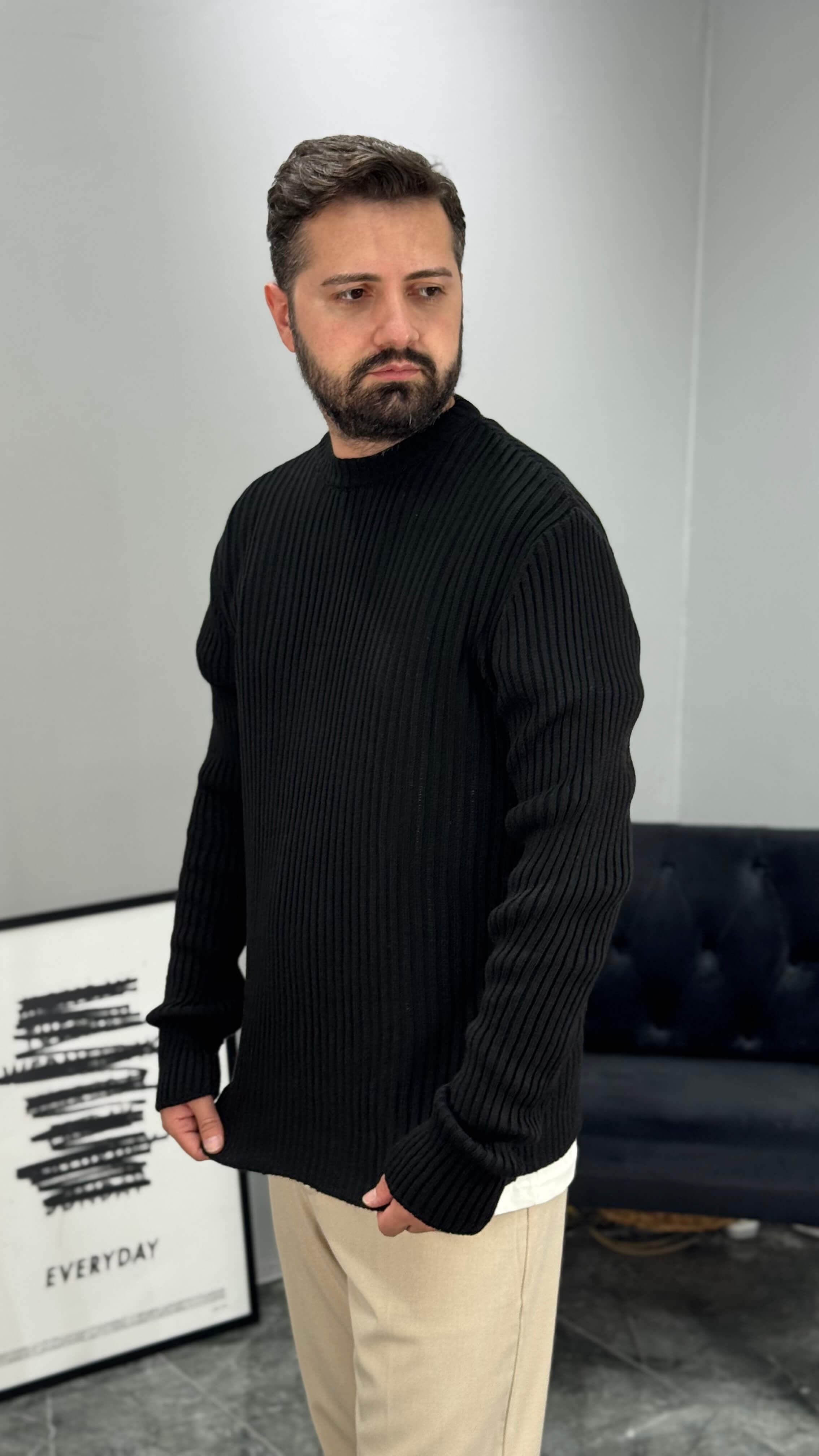 Regular Fit Çizgili Kazak - Siyah