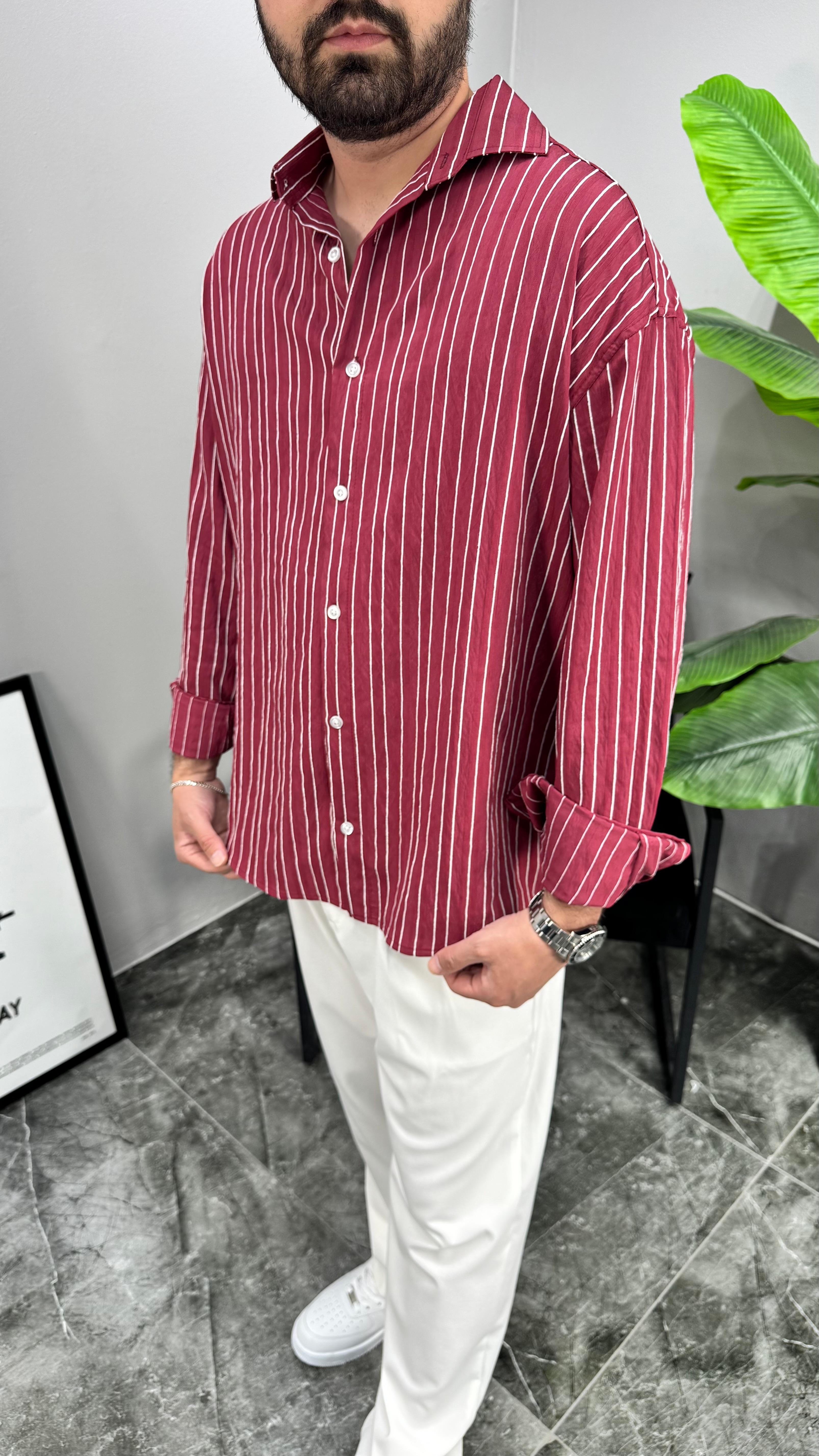 Çizgi Detay Oversize Kalıp Crinkle Kumaş Erkek Gömlek - Bordo