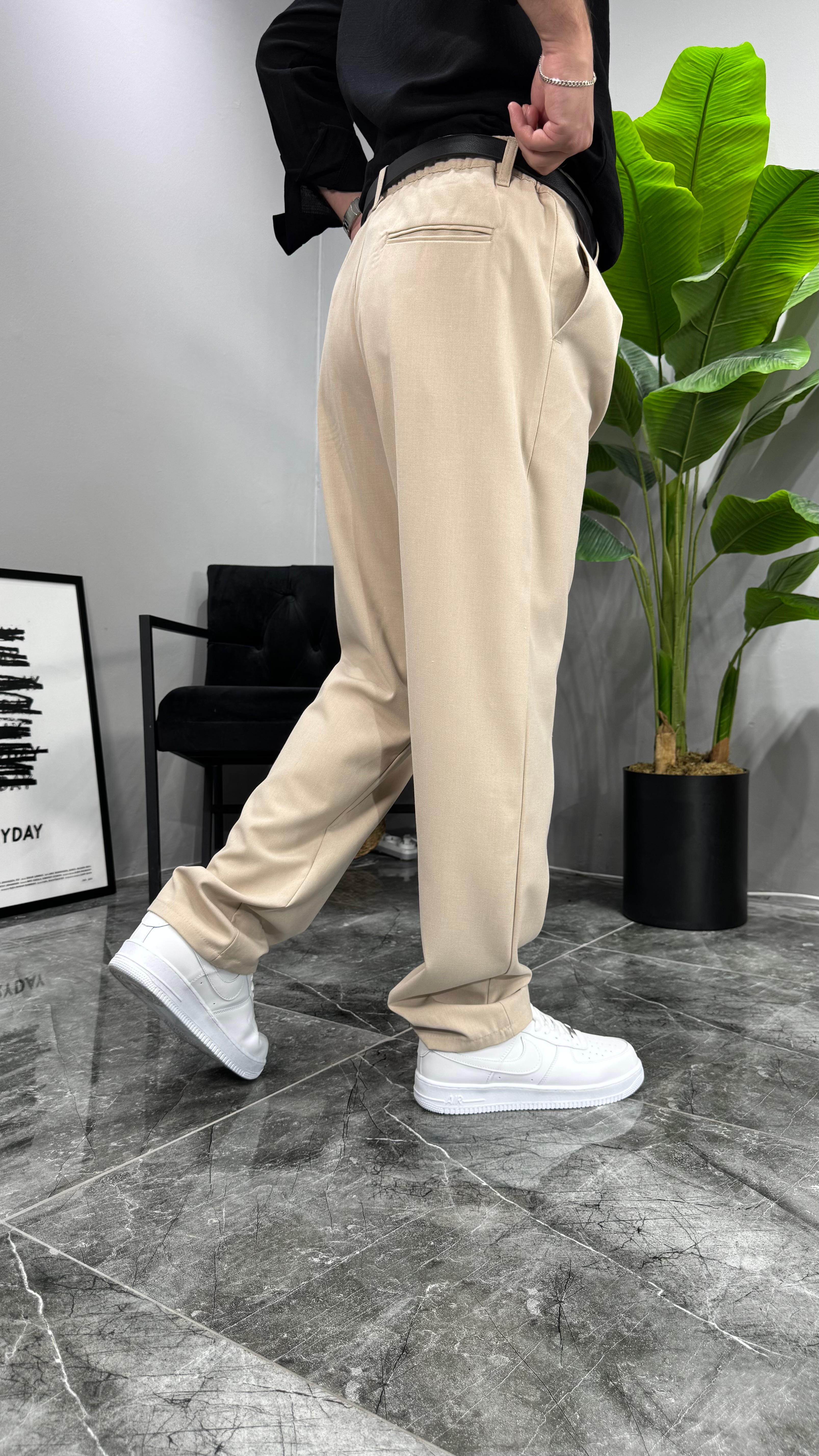 Premium Kemerli Baggy Erkek Pantolon - Krem