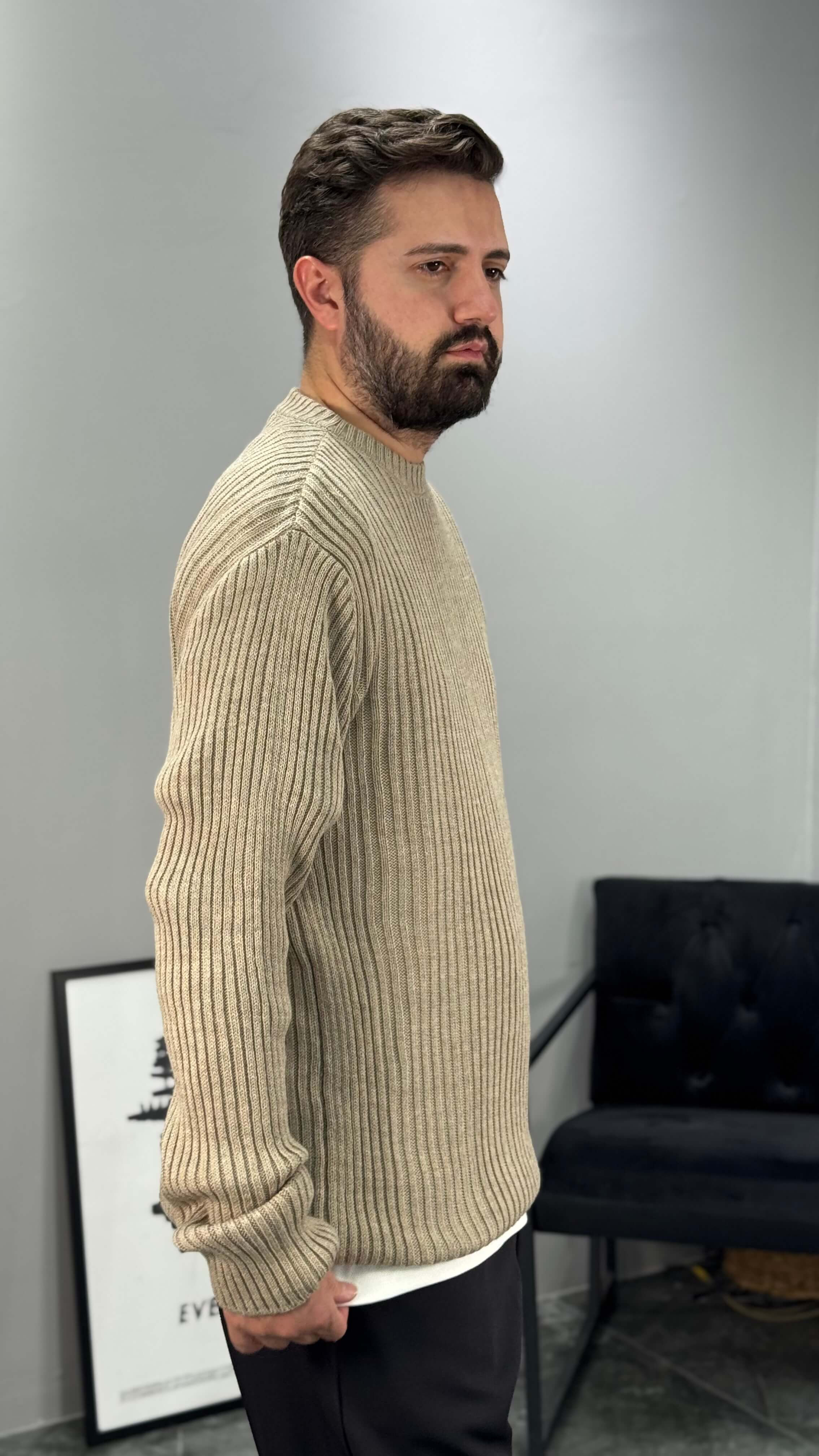 Regular Fit Çizgili Kazak - bej
