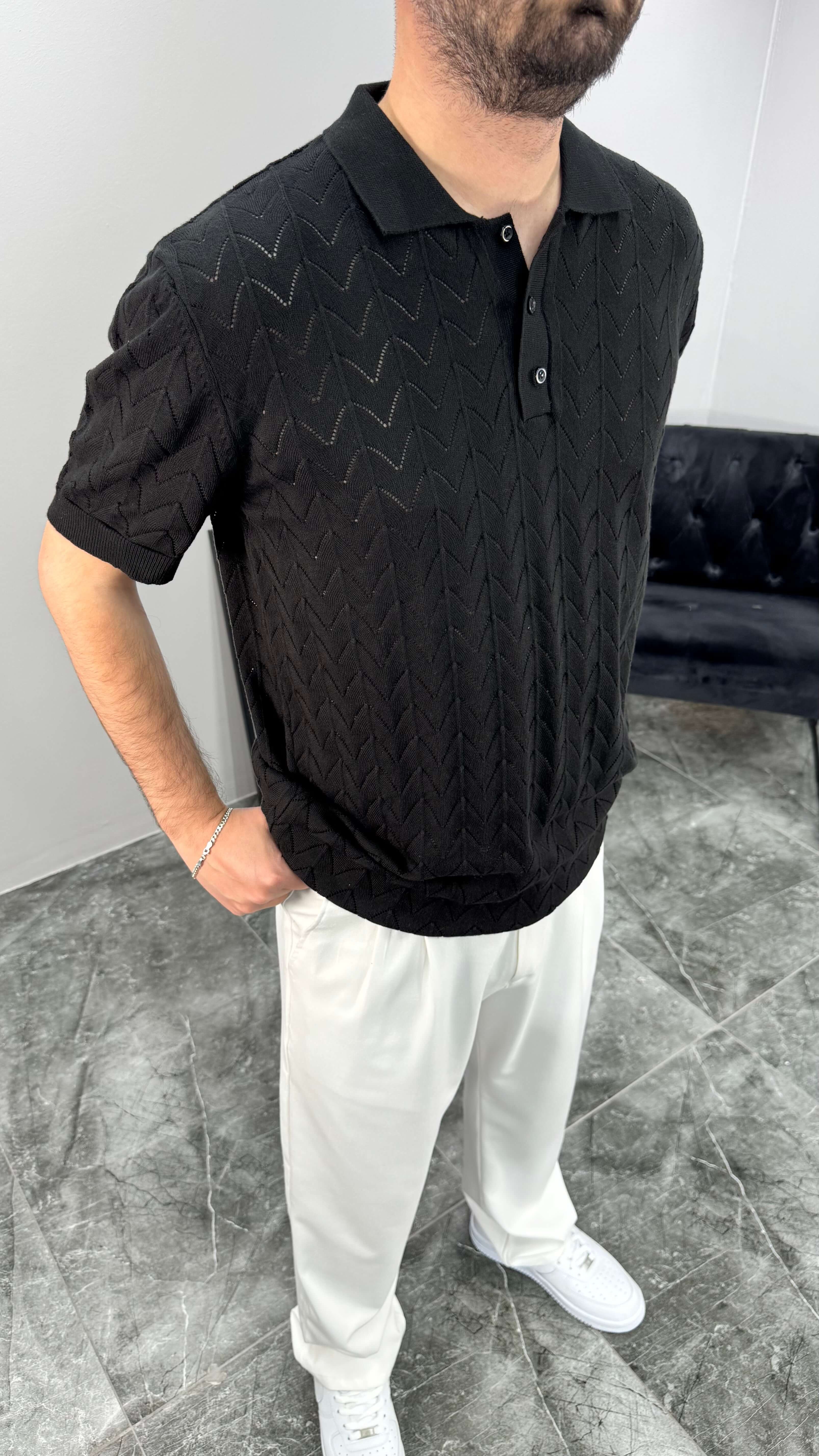 Balıksırtı Desenli Erkek Tshirt - Siyah