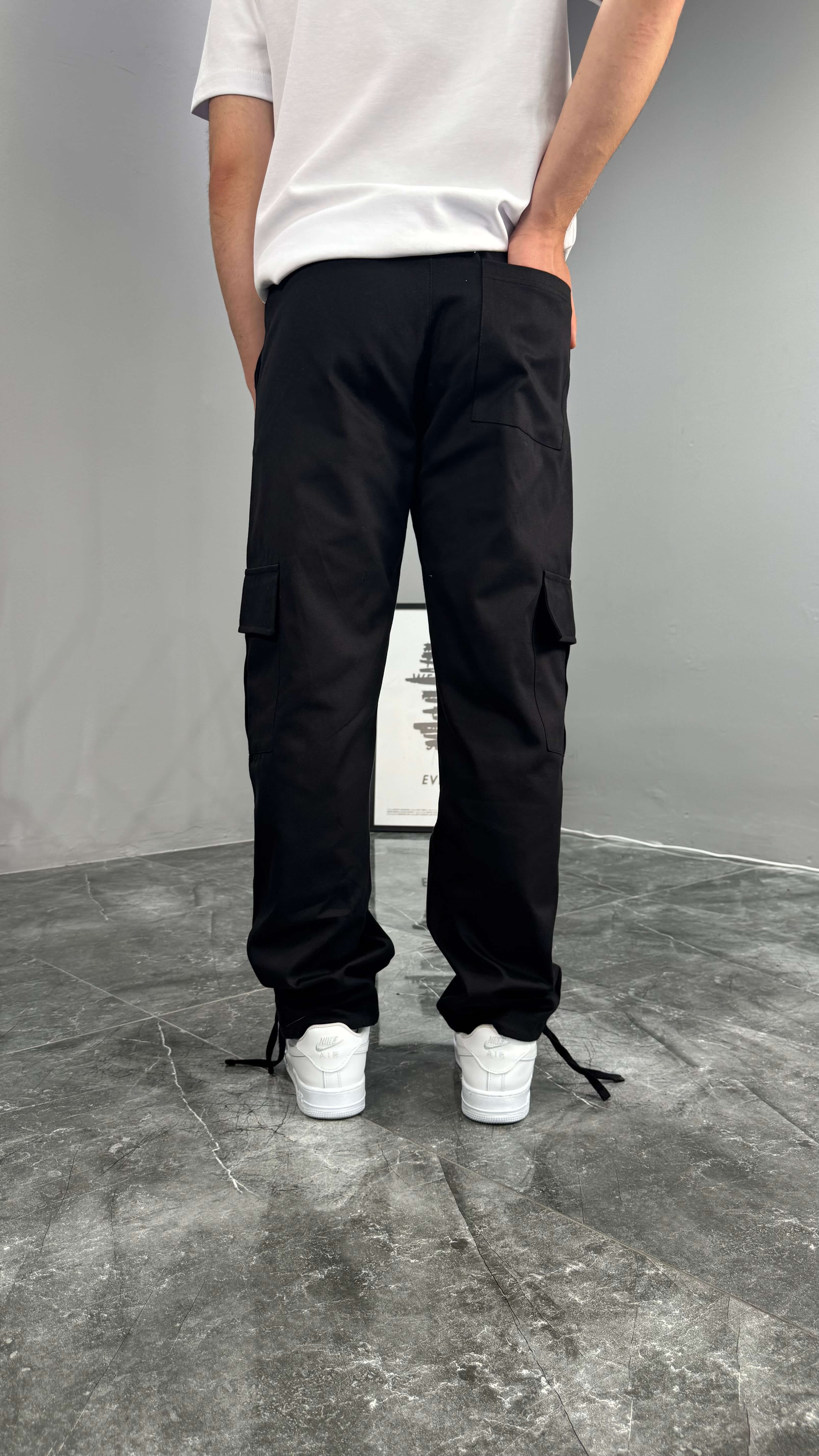 Yazlık Gabardin Kumaş Baggy Kargo Erkek Pantolon - Siyah