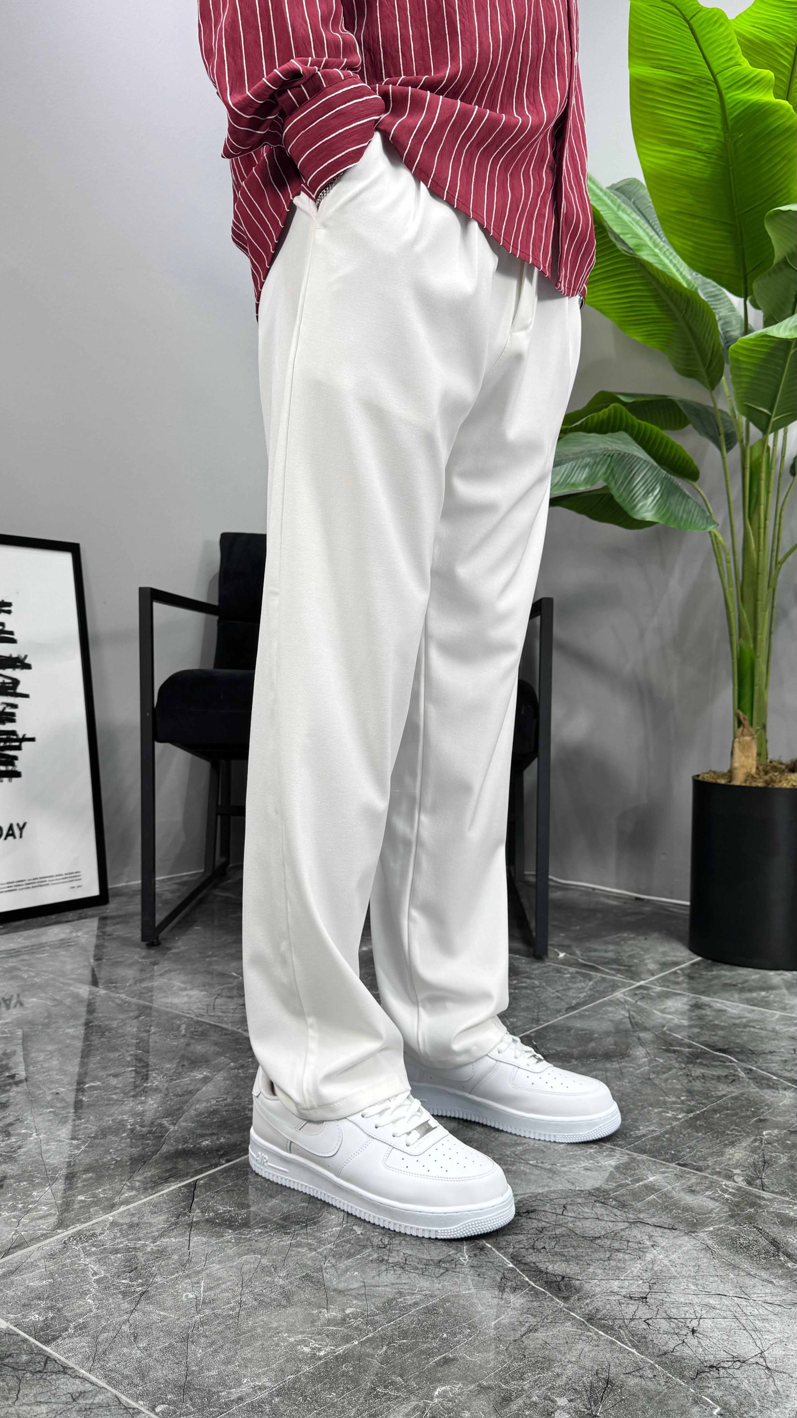 Premium Kemerli Baggy Erkek Pantolon - Beyaz