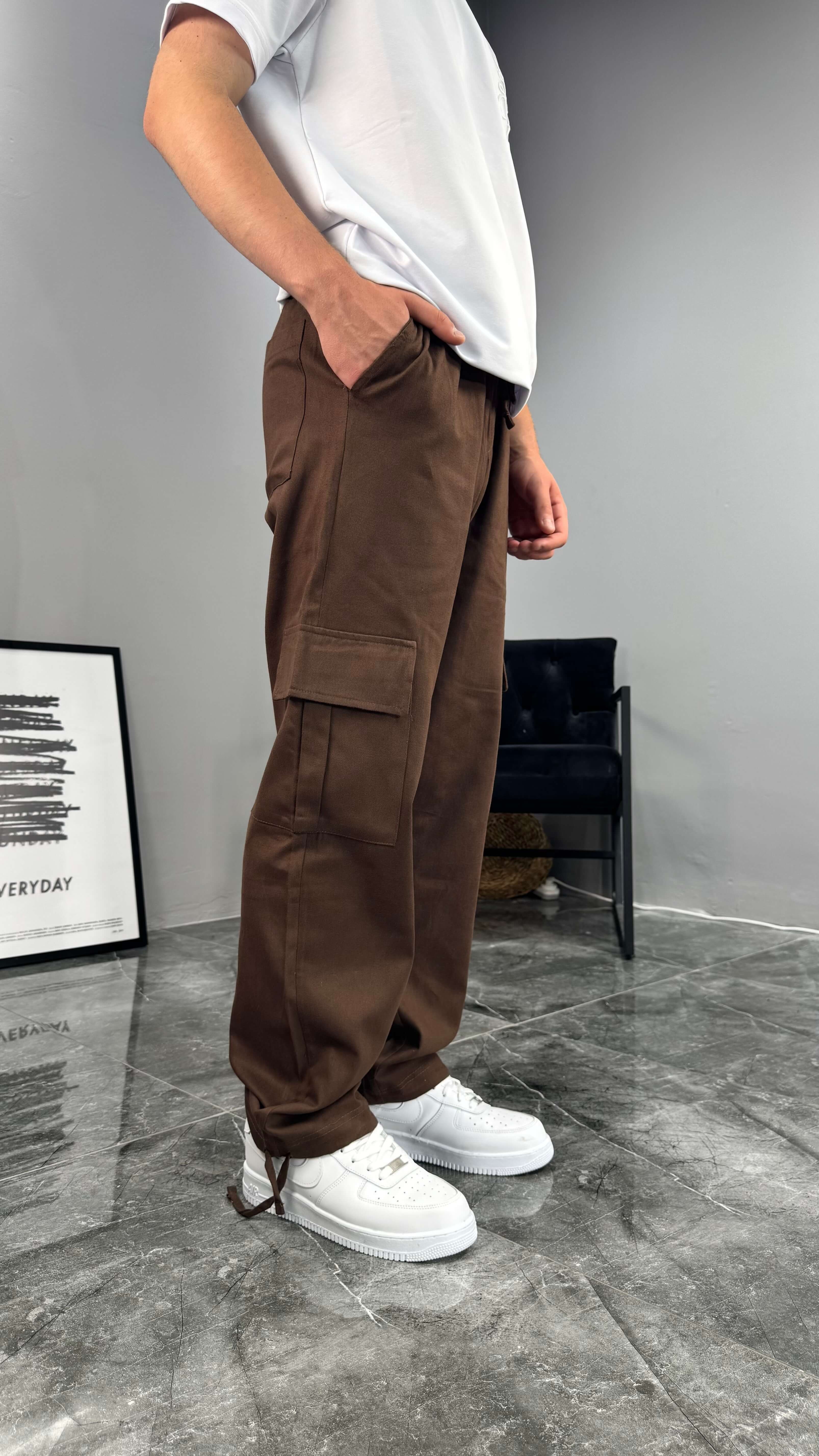 Yazlık Gabardin Kumaş Baggy Kargo Erkek Pantolon - Kahve