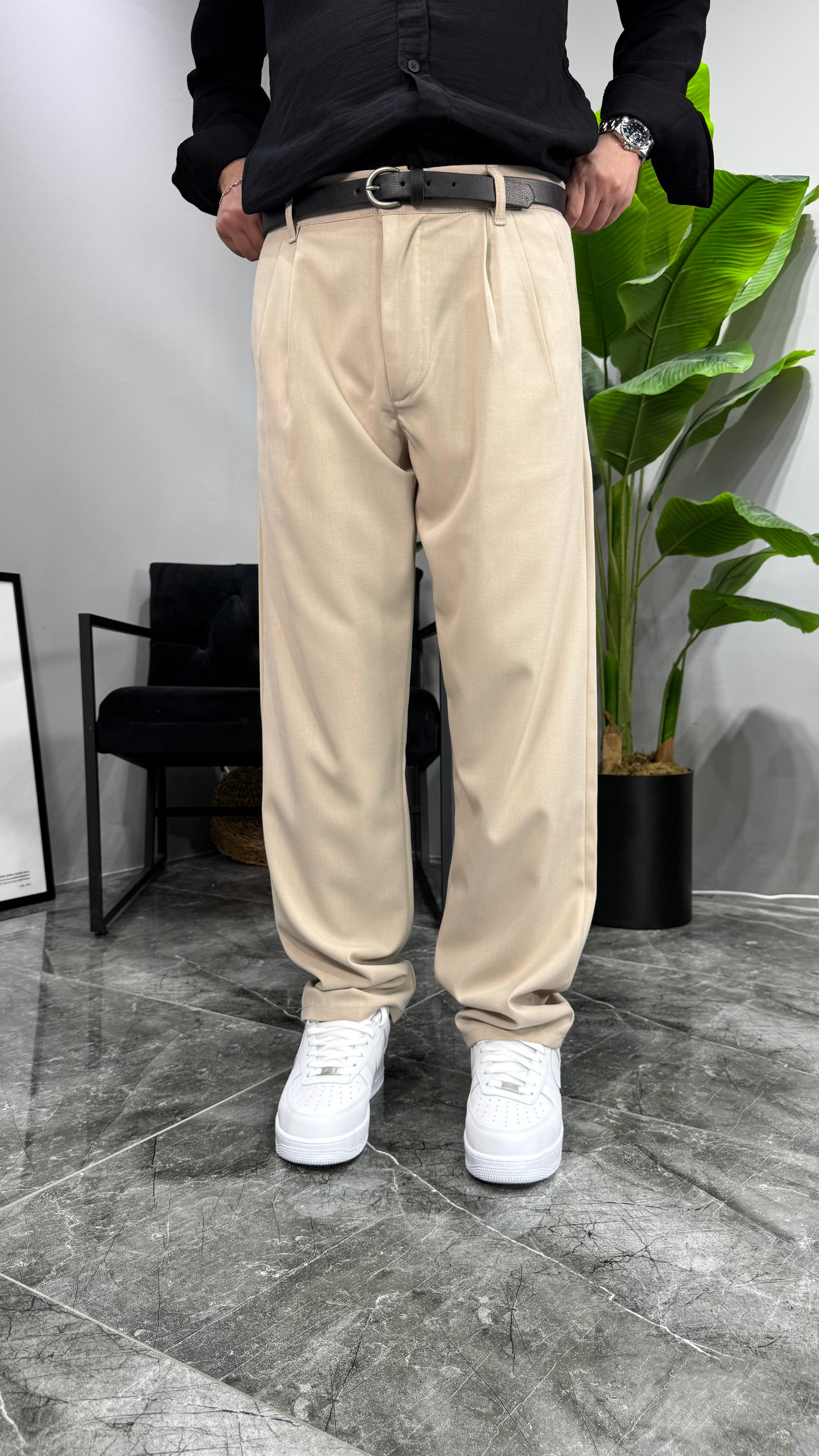 Premium Kemerli Baggy Erkek Pantolon - Krem
