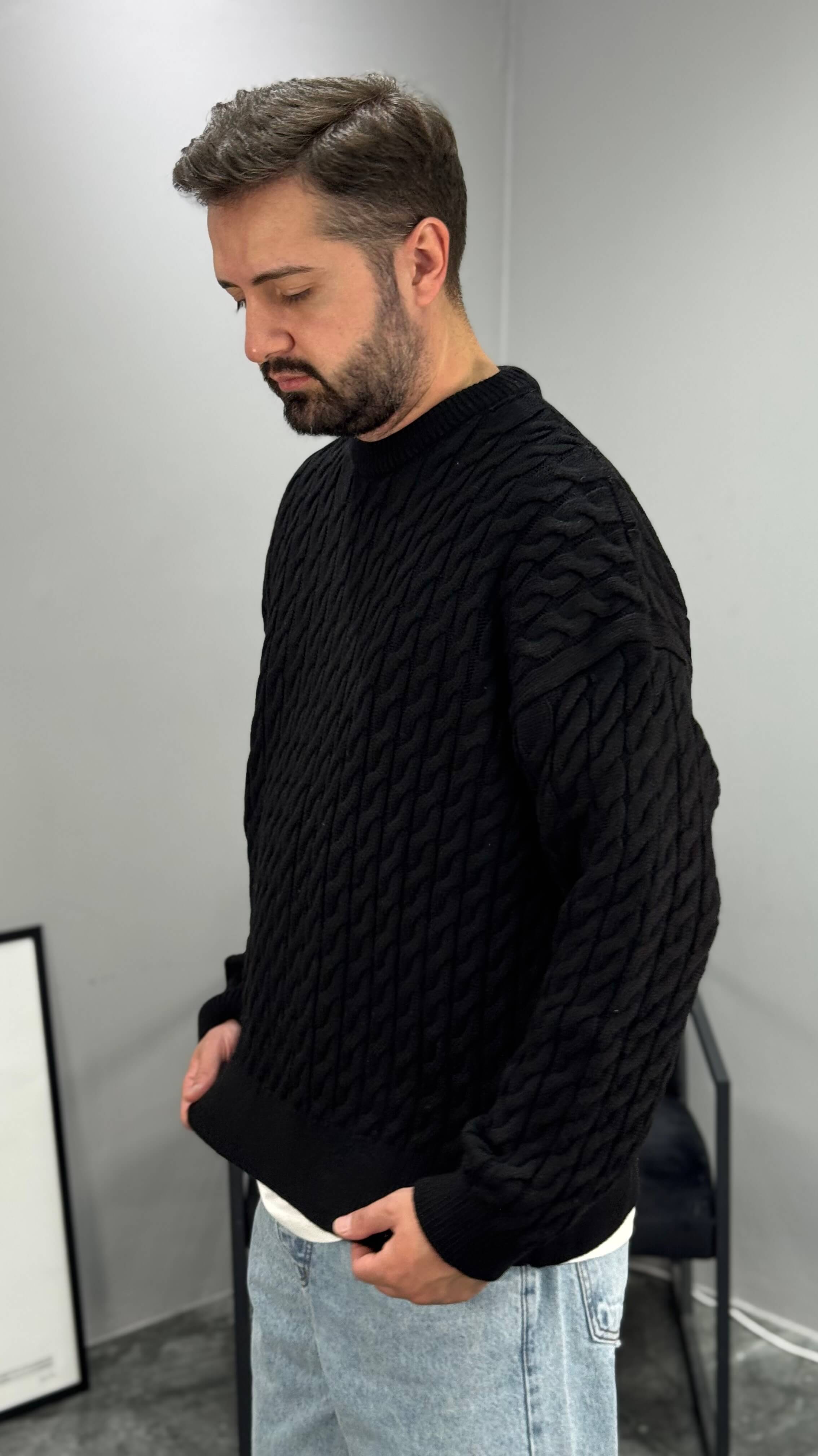 Zincir Desen Boxy Fit Oversize Erkek Kazak - Siyah