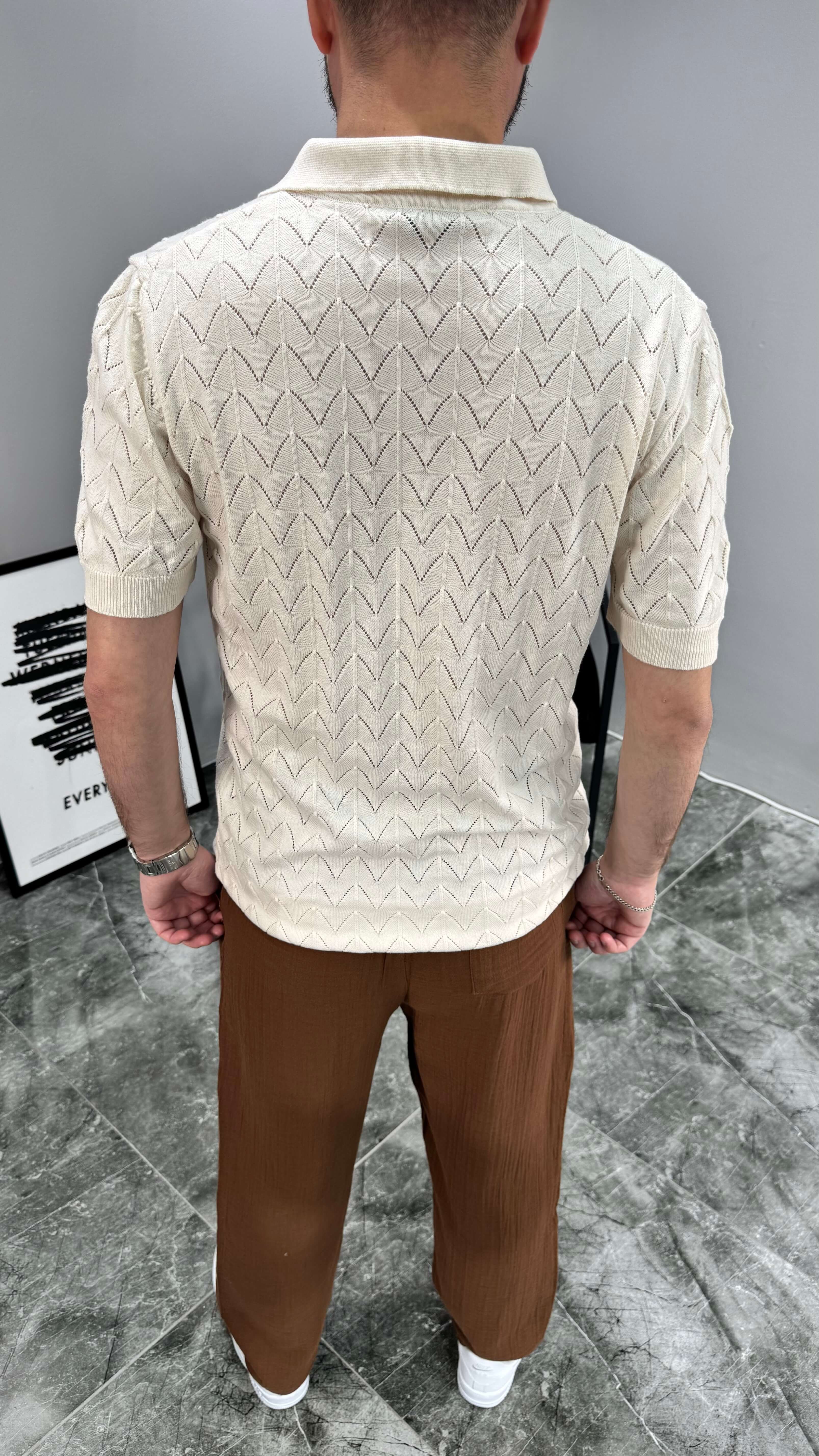 Balıksırtı Desenli Erkek Tshirt - Krem