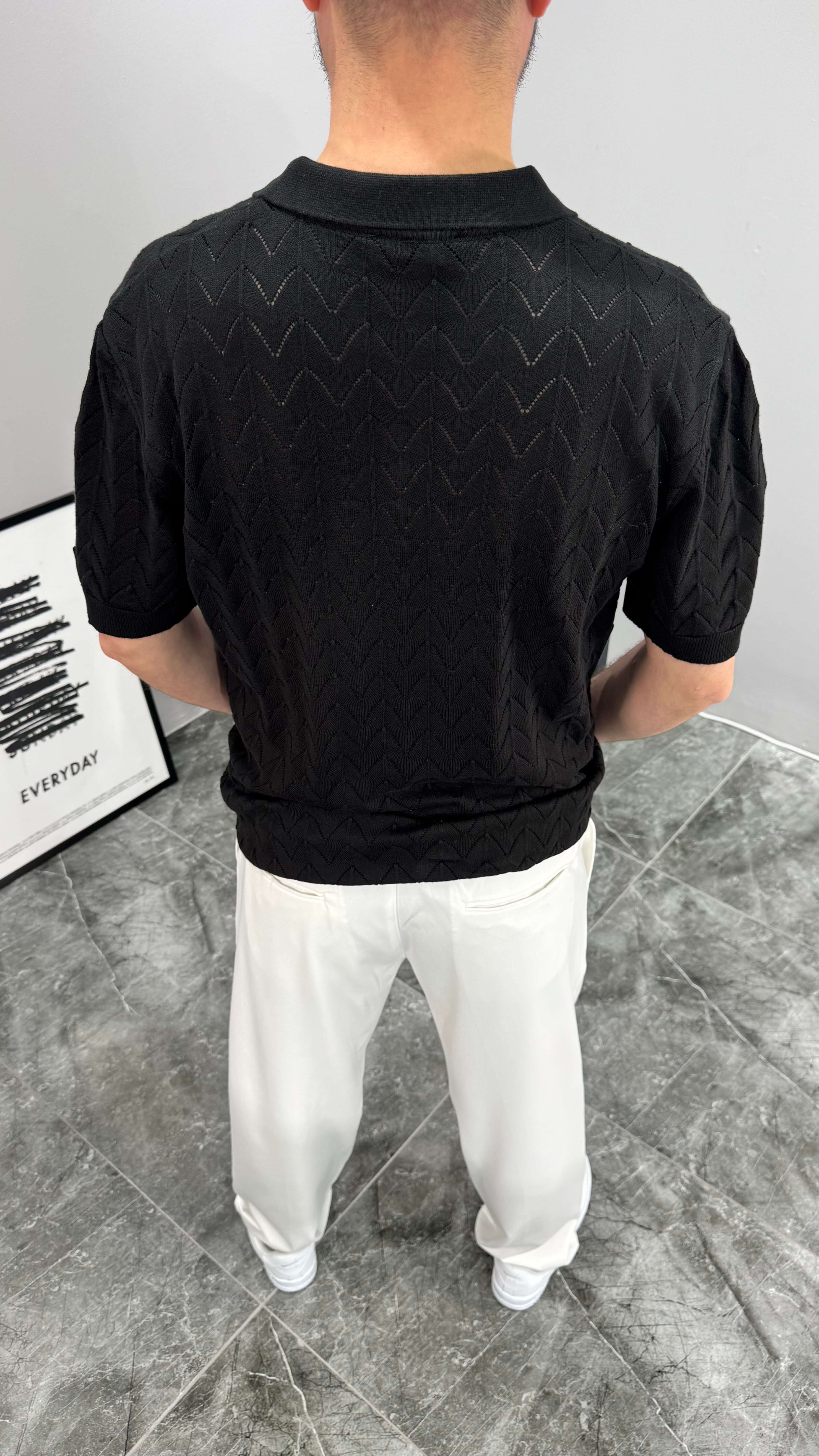 Balıksırtı Desenli Erkek Tshirt - Siyah