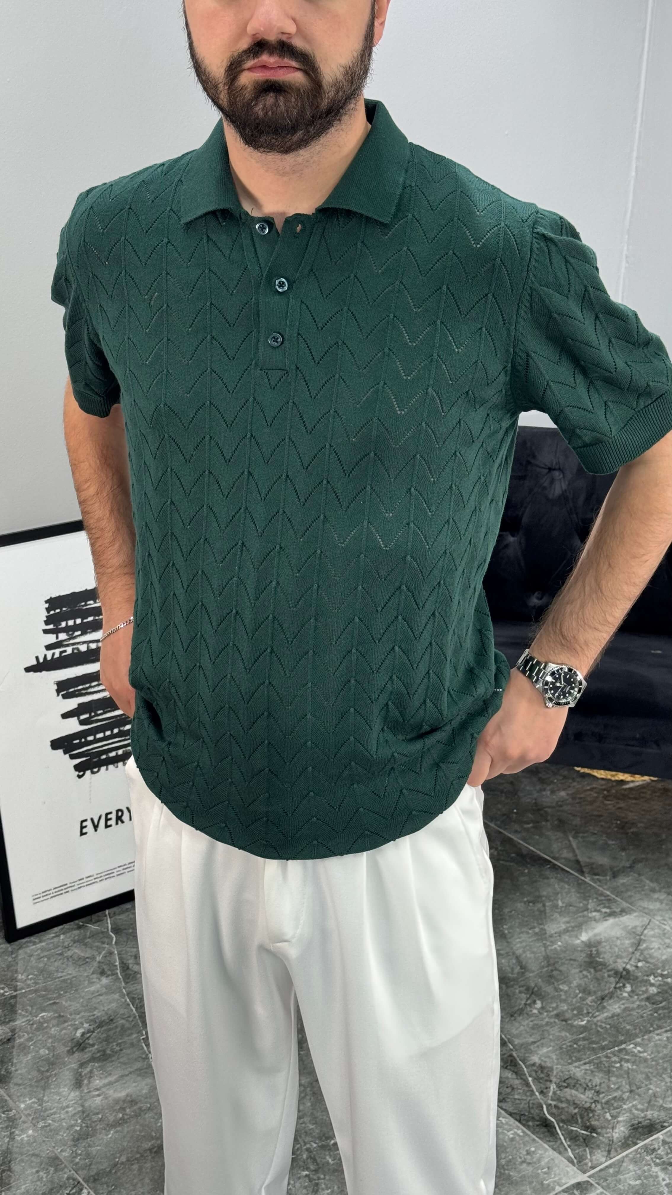 Balıksırtı Desenli Erkek Tshirt - Zümrüt Yeşili