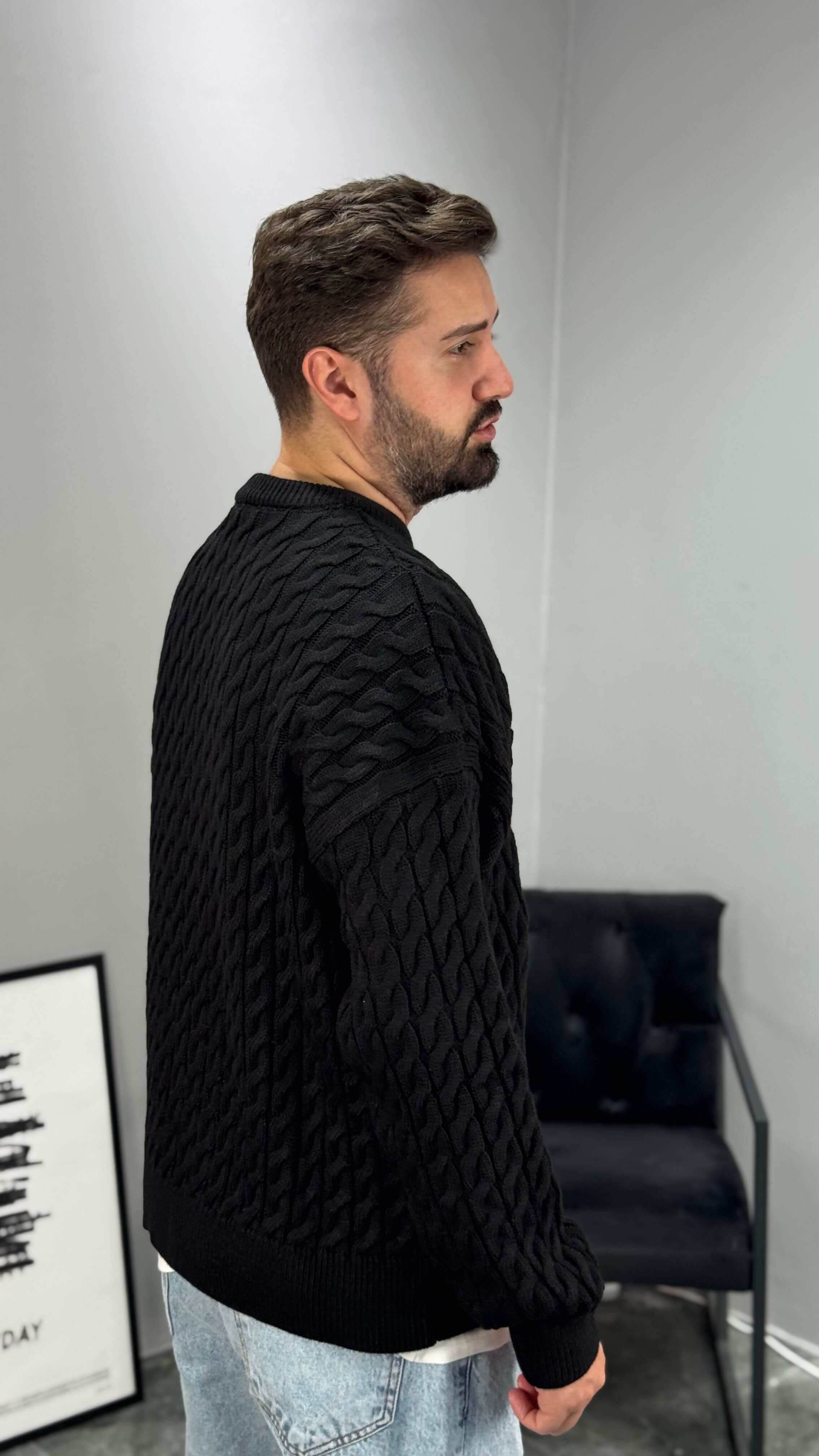 Zincir Desen Boxy Fit Oversize Erkek Kazak - Siyah
