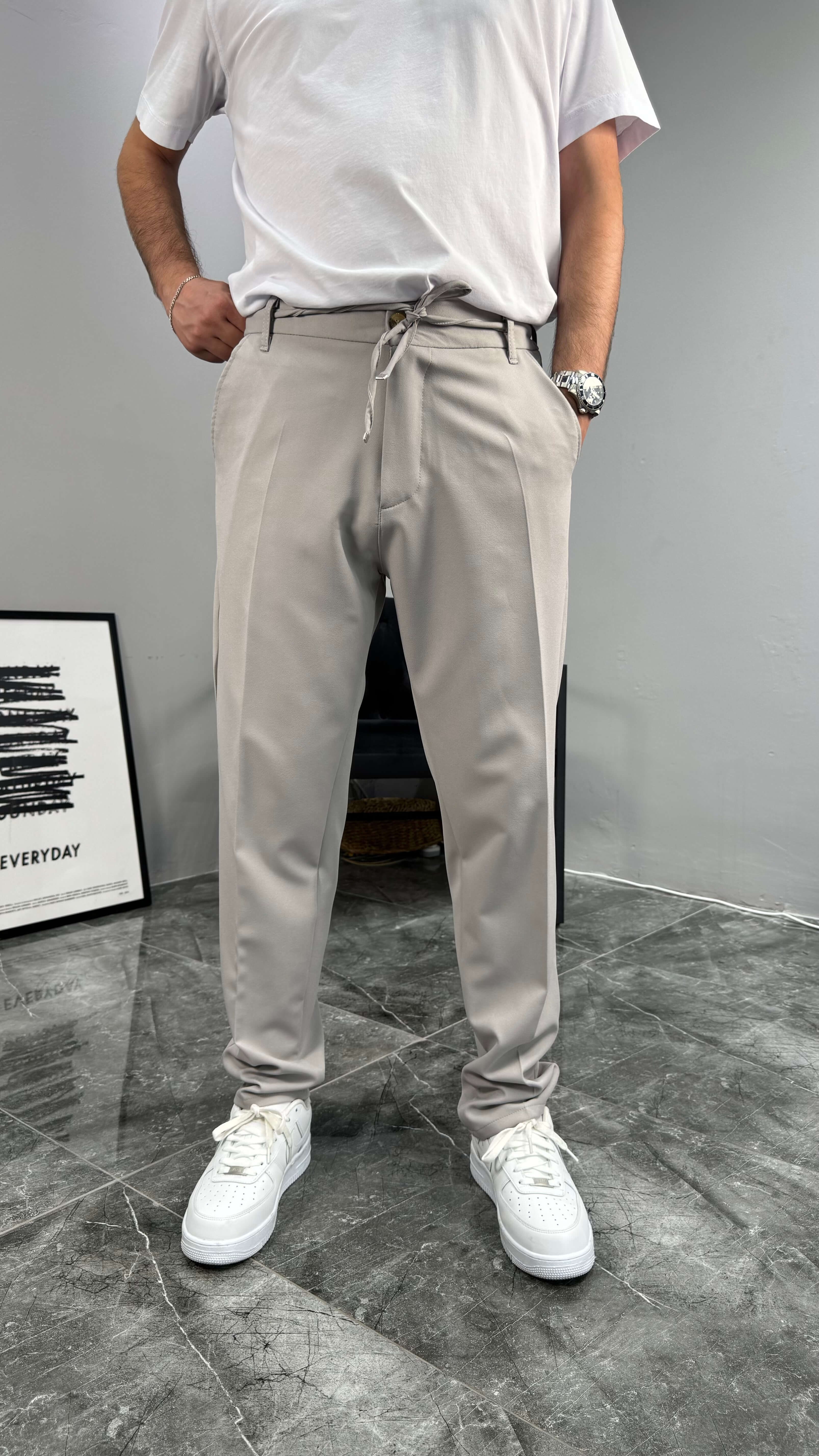 Regular İpli Premium Kumaş Pantolon - Gri